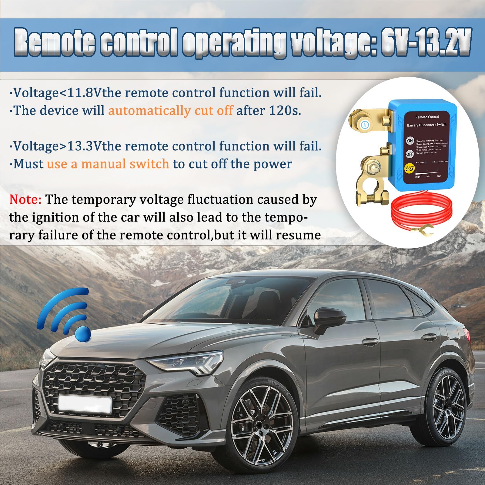 Disjoncteur de batterie 12 V avec télécommande, disjoncteur de batterie 12 V 240 A avec 2 télécommandes Kill Switch anti-vol pour moto, voiture, camping-car, bateau, yacht, caravane (bleu)