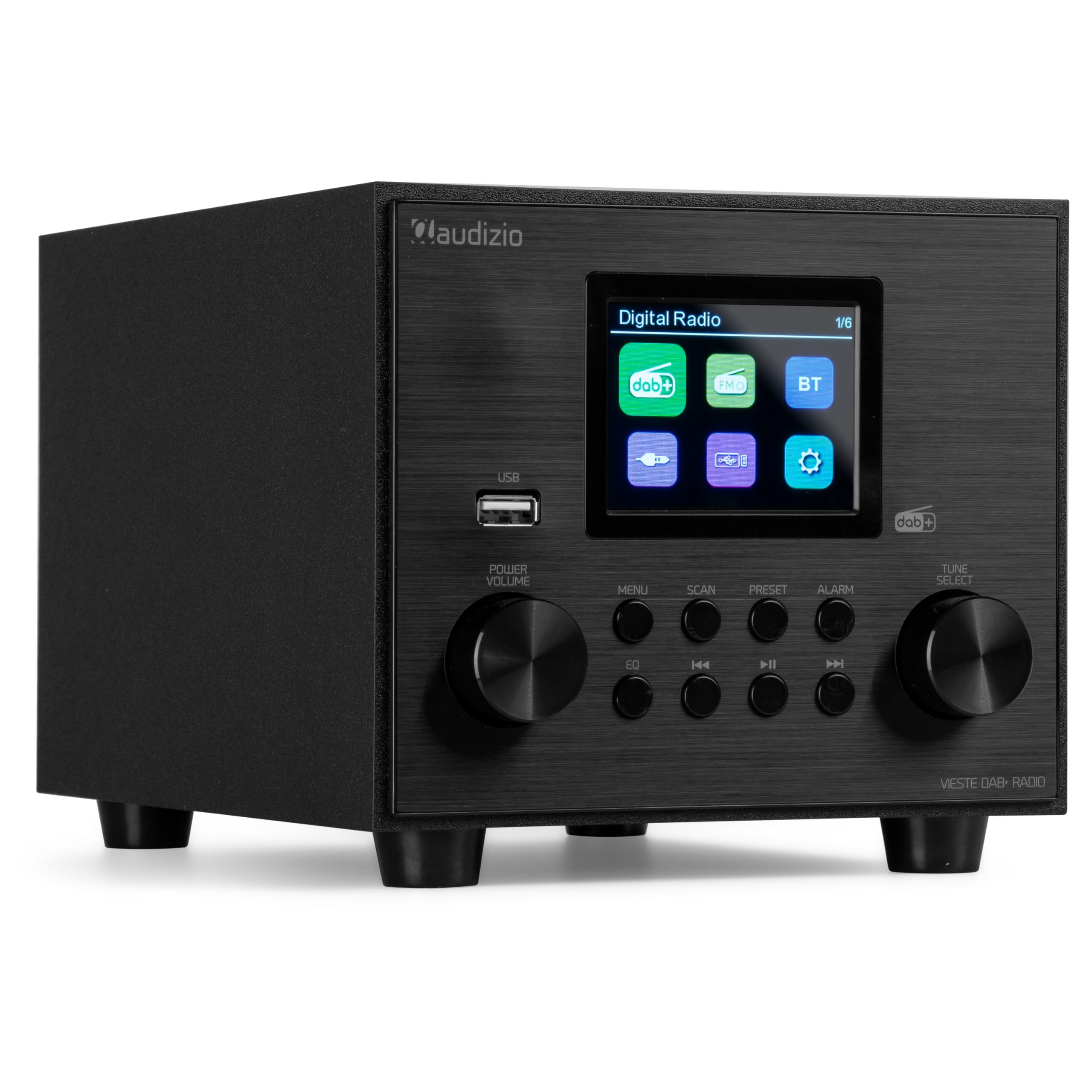 Audizio Vieste Radio Digital Dab+ con Bluetooth y subwoofer en Color Negro, Altavoz Bluetooth con FM, 20 Presintonías, Auto-Scan, Salida de Auriculares, Entrada AUX, Streaming Inalámbrico de Música
