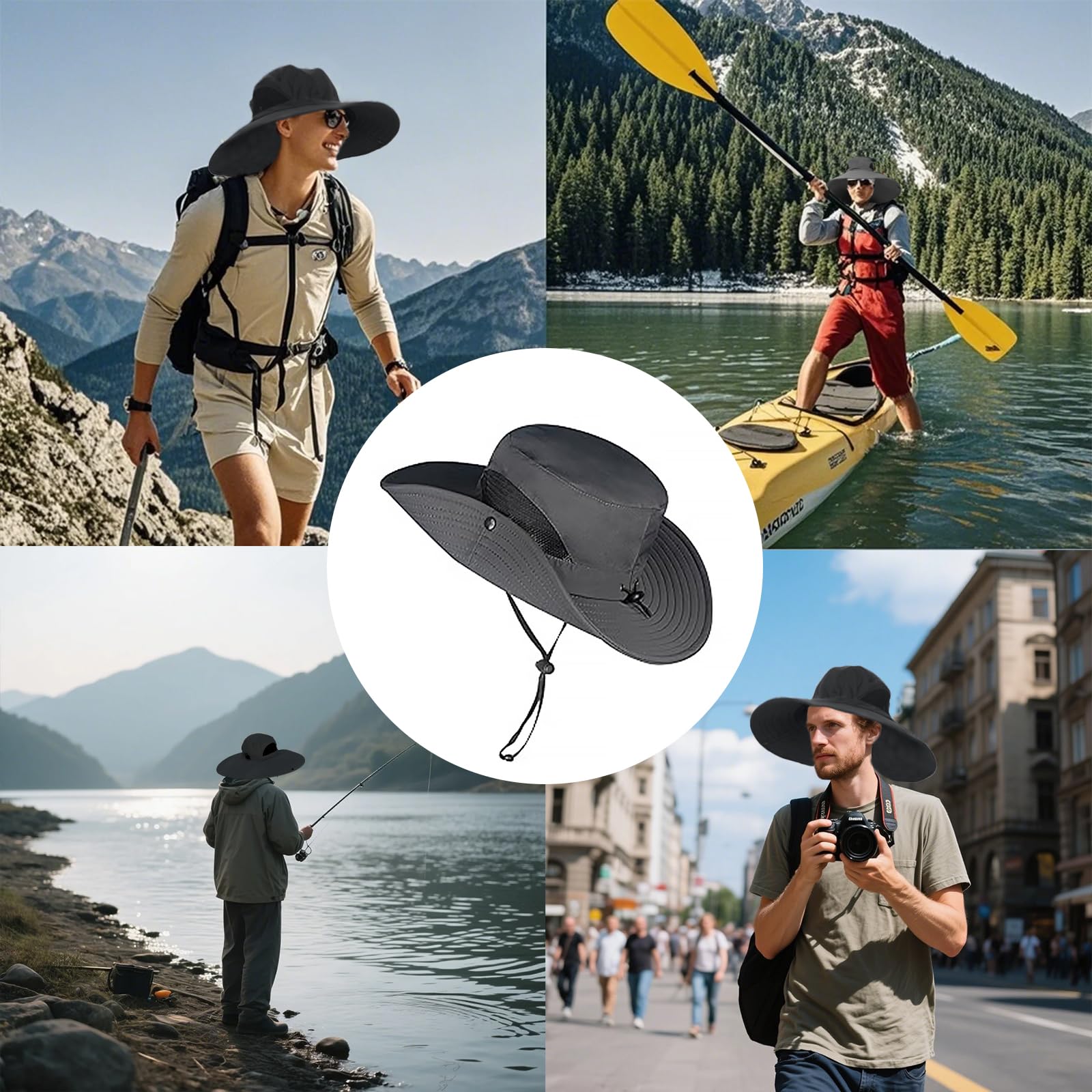 Chapeau de Soleil à Large Bord Extérieur pour Homme Femme, Respirant Protection Chapeau pour Pêche, Chasse, Camping, Le Safari et la Brouss(Gris foncé)
