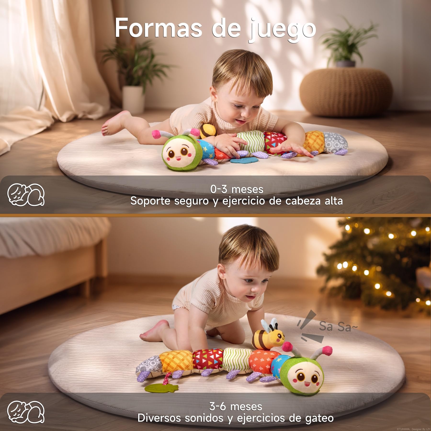 TUMAMA KIDS Juguetes para Bebé 0 3 6 Meses Juguete Oruga, Juguete Sensorial Montessori, Juguete para Bebé Niña Tummy Time, Juguete de Peluche con Sonajero，Anillo para la Dentición, Papel Arrugado