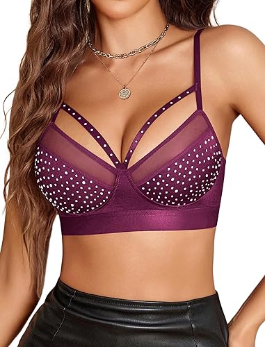 Avidlove Sexy Bras for Women Rhinestone Wireless Bralettes Lace V Neck Wirefree Bra Strappy Rave Outfit NO Padded - Purple - XX-Large
