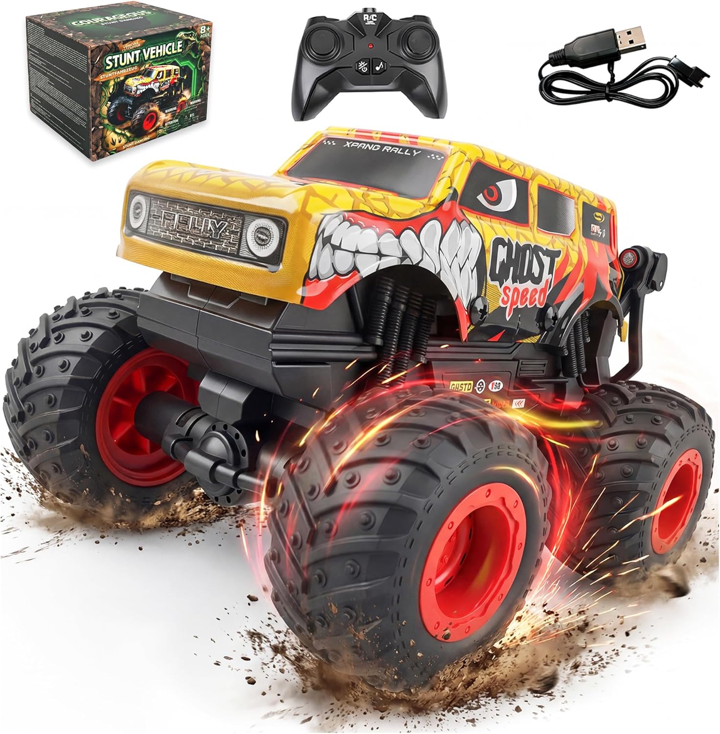BEZGAR Monster Truck Toys, Remote Control Monster Truck with Dancing Spins, Lights & Music, 1:20 Remote Control Car for Boys 4-7, 5 6 7 8 9 10 +Year Old Boys Birthday Gifts (Yellow)