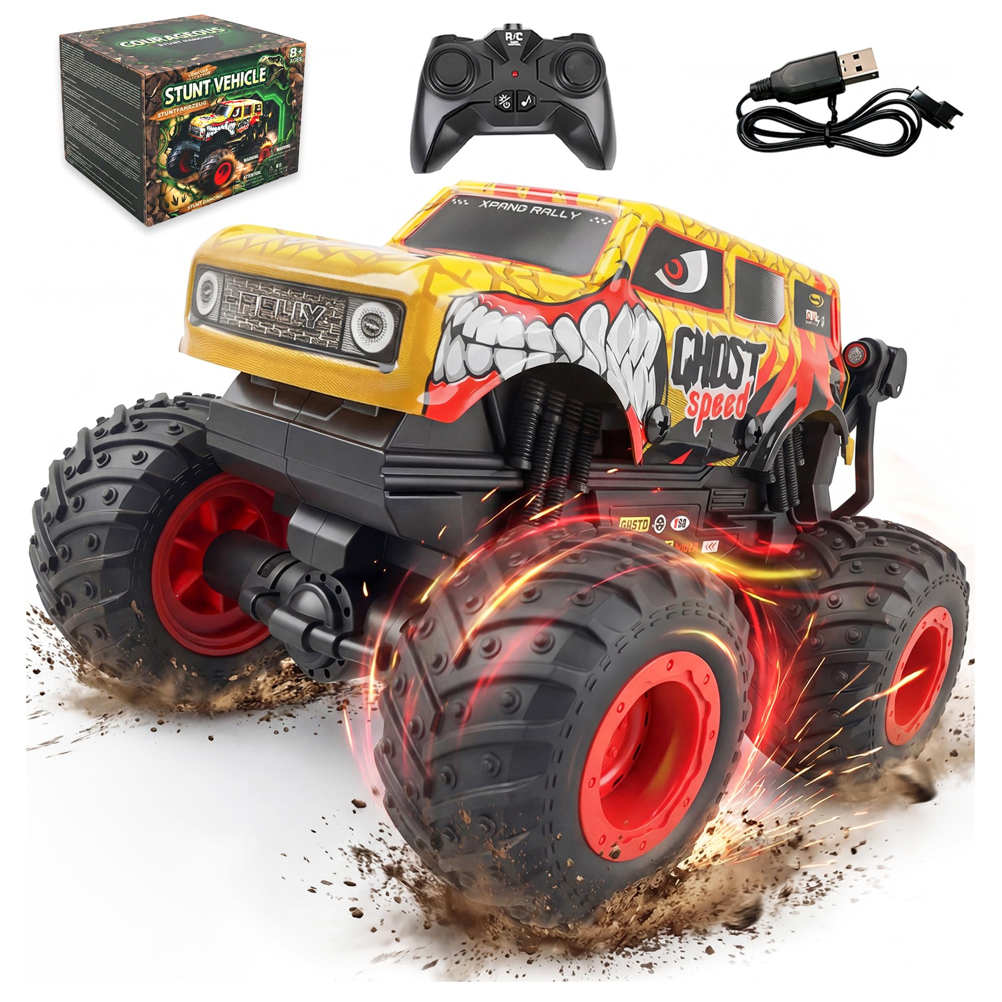 BEZGAR Monster Truck Toys, Remote Control Monster Truck with Dancing Spins, Lights & Music, 1:20 Remote Control Car for Boys 4-7, 5 6 7 8 9 10 +Year Old Boys Birthday Gifts (Yellow)