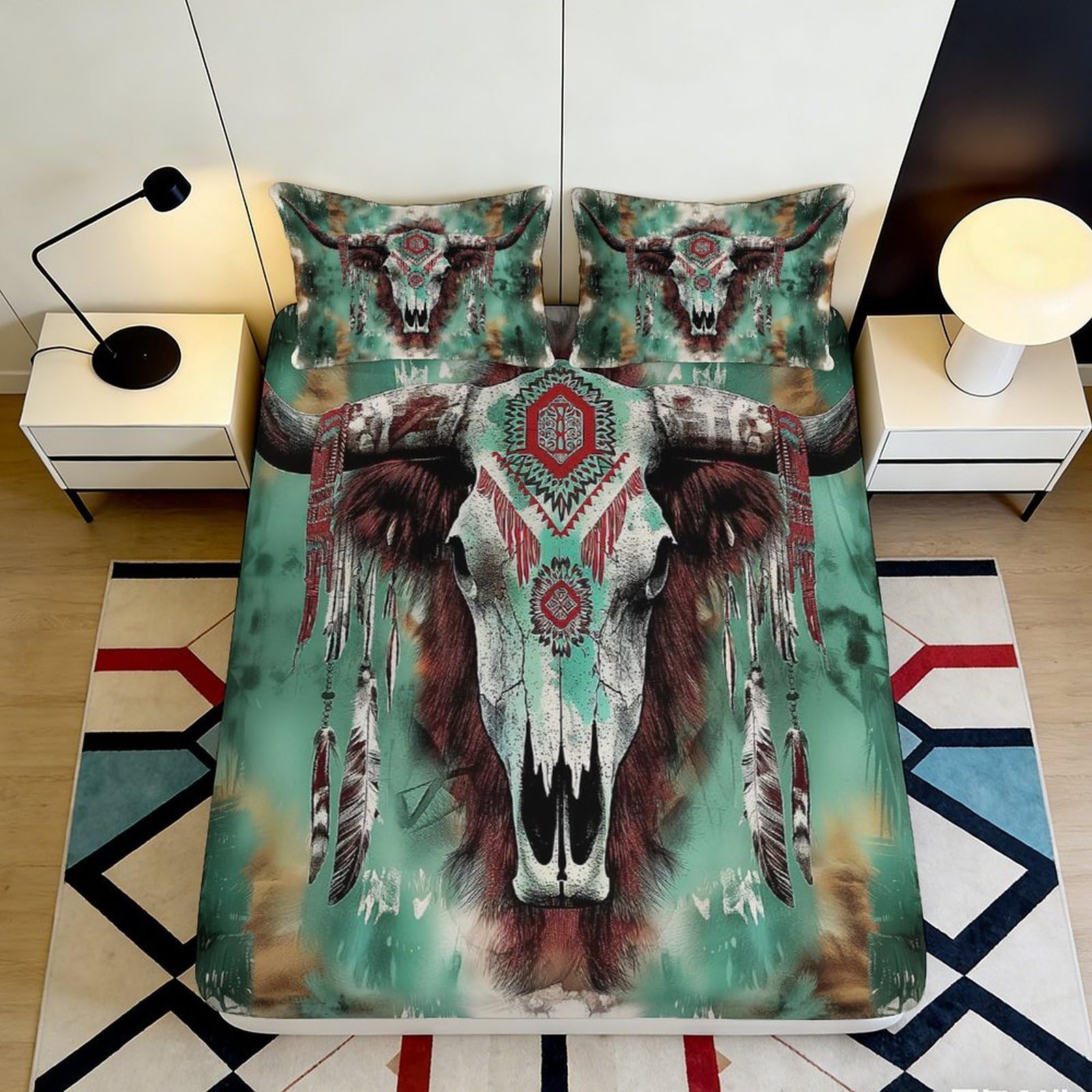 3D Printed Tribal Skull Fitted Sheet Microfiber Soft Breathable Ethnic Animal Bed Cover for Bedroom Dorm Decor 90x200x25cm
