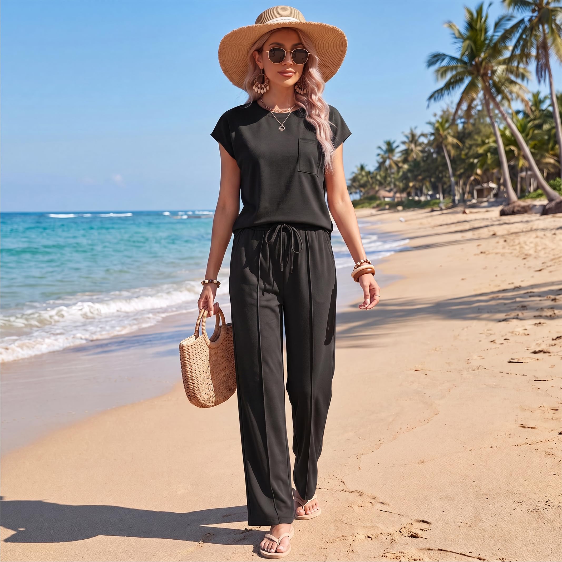 Conjunto de 2 piezas para mujer, conjunto de verano para mujer, manga casquillo, cuello redondo, pantalones de pierna ancha con bolsillos, chándal completo, conjuntos de ropa de descanso