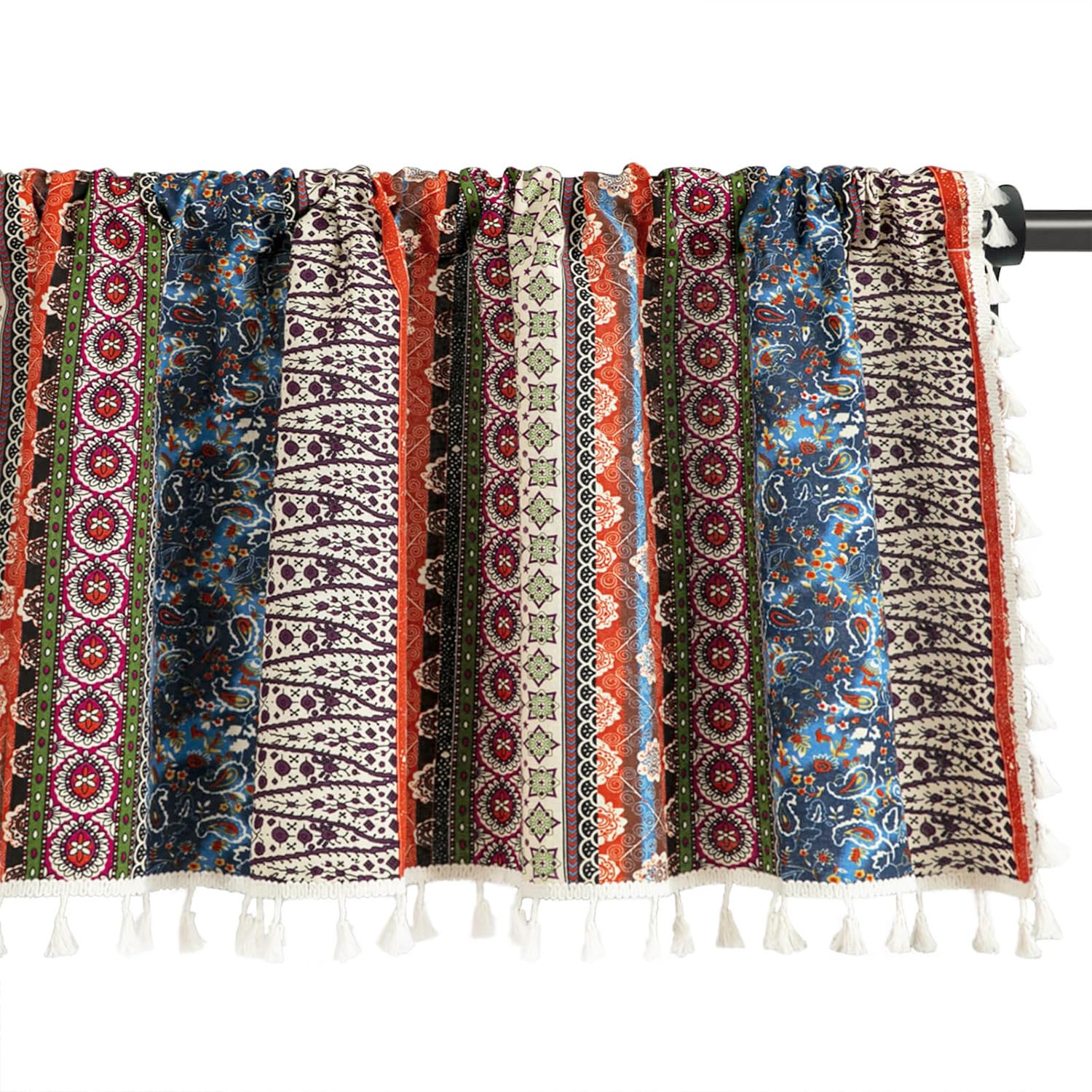 VOGOL Boho Style Curtains Valances, Bohemian Striped Geo Pattern Linen Textured Valances for Kitchen, Light Filtering Rod Pocket Window Treatment for