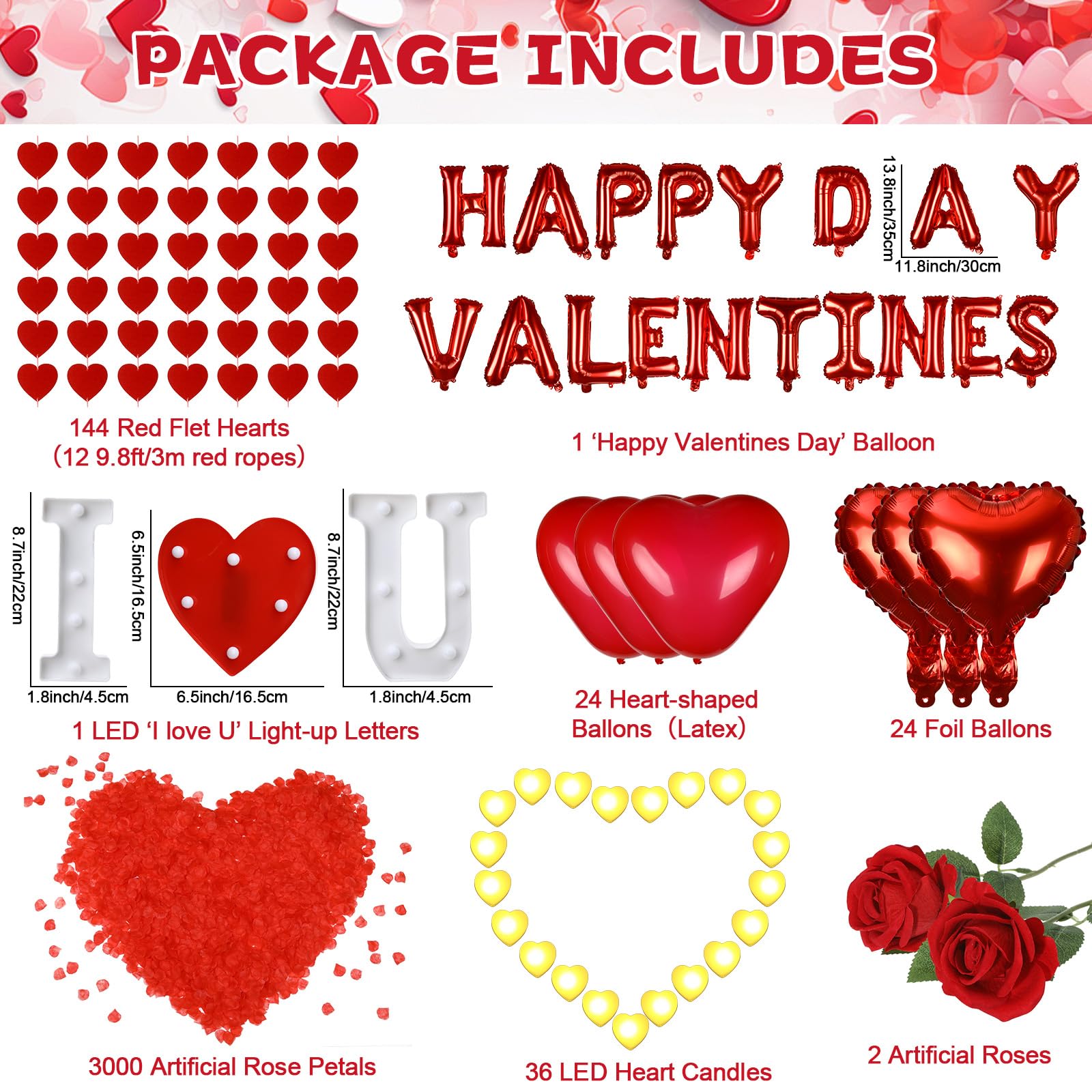 Decoraciones para el día de San Valentín, globos de feliz día de San Valentín, 3000 pétalos de rosa roja con 36 luces LED cálidas, velas con letras iluminadas, 2 rosas artificiales, corazón, globos de