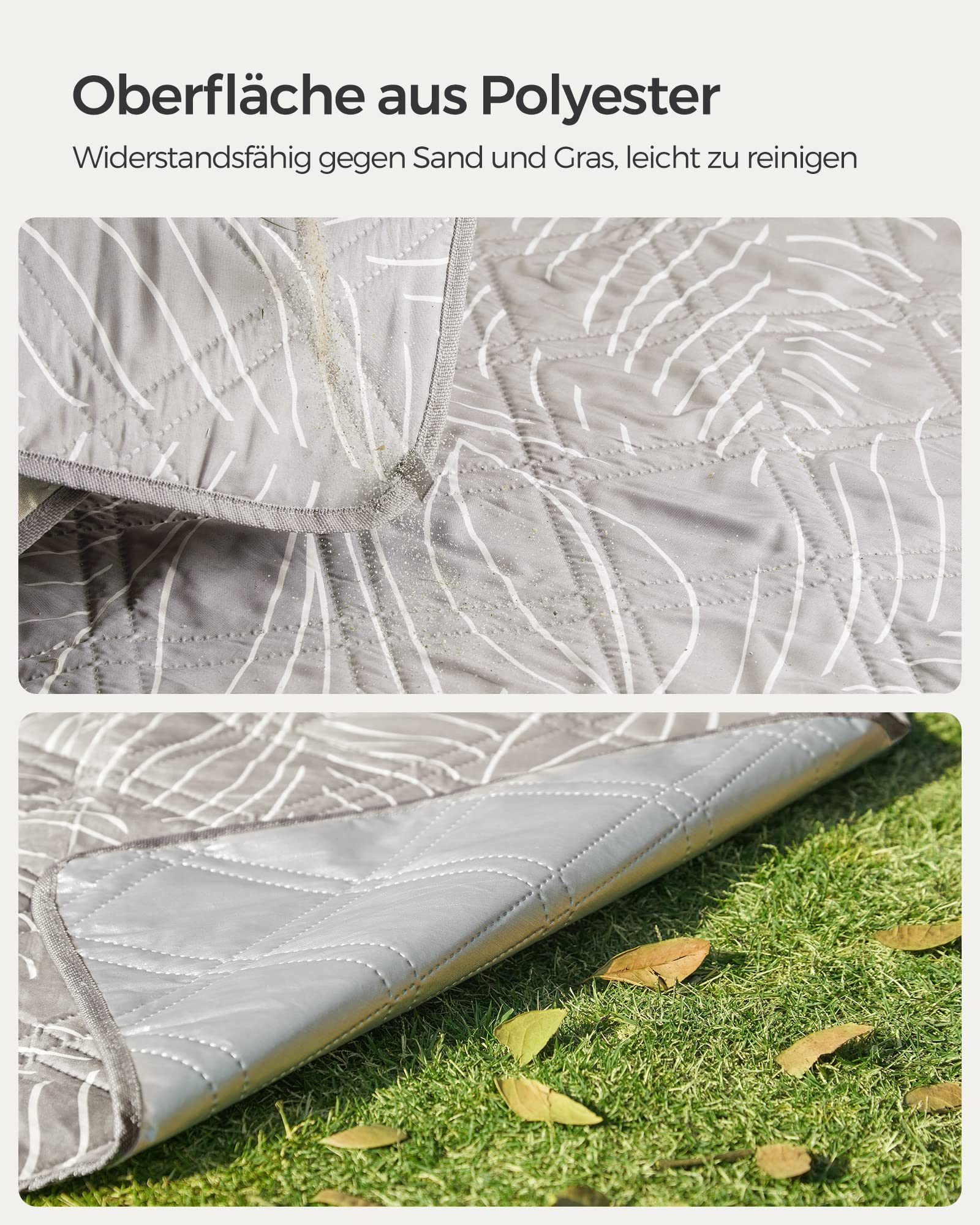 SONGMICS Picknickdecke, 200 x 200 cm, mit 4 Erdankern, groß, Campingdecke, für Park, Garten, Strand, wasserdicht, maschinenwaschbar, faltbar, Khaki mit tropischem Farn GCM010B02