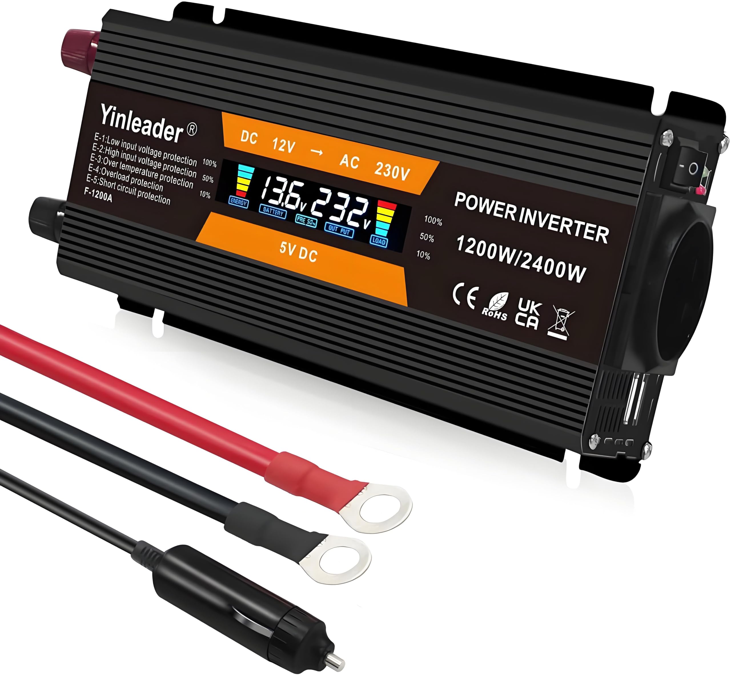 Yinleader Gerilim dönüştürücü 1000 W / 2000 W 12 V 230 V 1 priz ve LCD