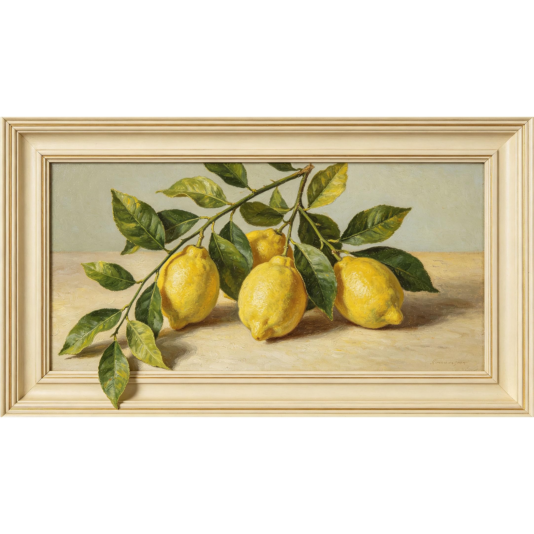QZLITHOTIC 50x90cm3D Framed Wall Art， Botanical Lemon Branch Still Life Oil Painting Self‑Adhesive Mural， Water‑Activated Peel & Stick Fabric Decor Wall Decal for Bedroom Living Room