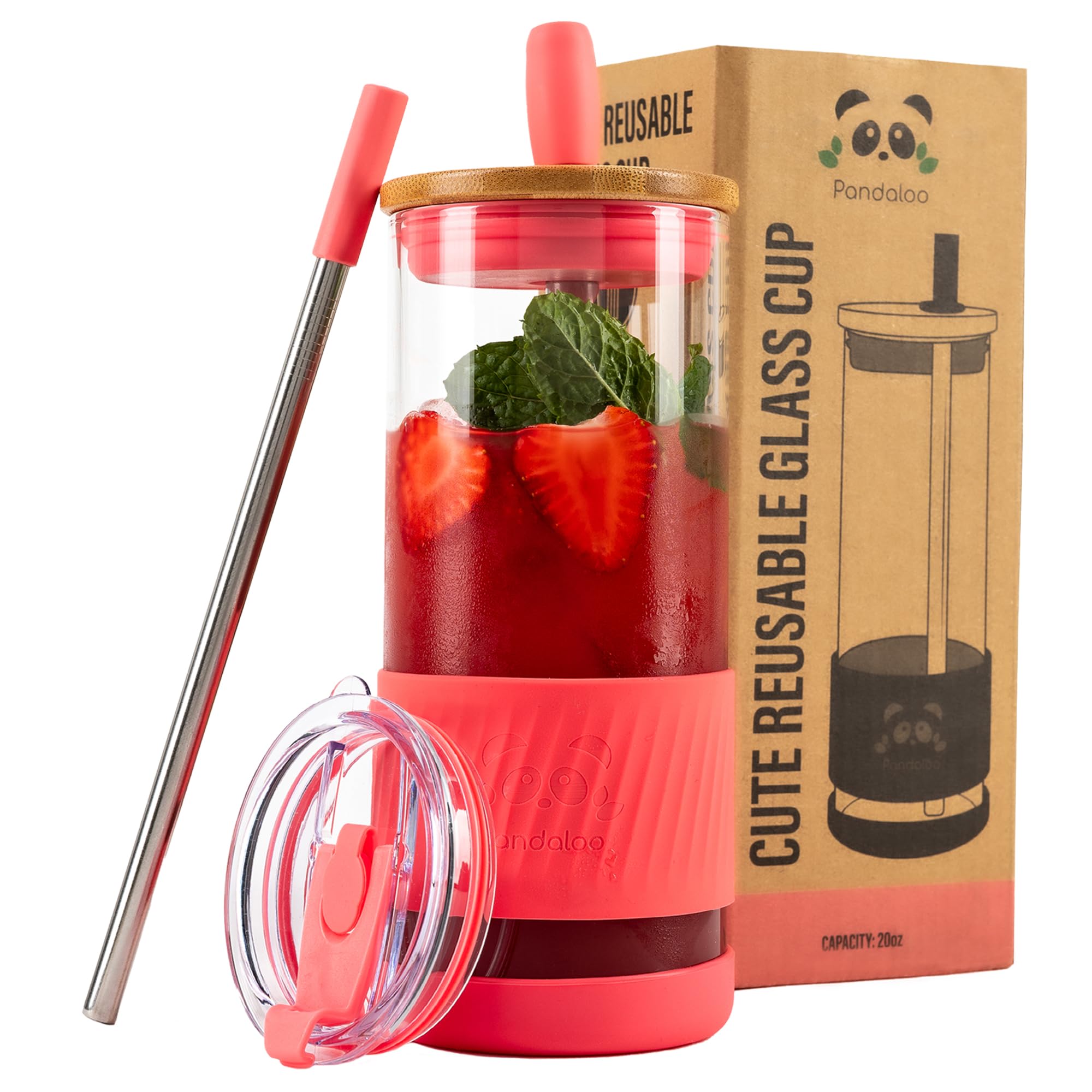 Pandaloo® Glass Cups With Lids and Straws -20 Fl Oz- Perfect Size Iced Coffee Cup - Smoothie Cup With Bamboo Lid and On the go Lid - Glass Tumbler