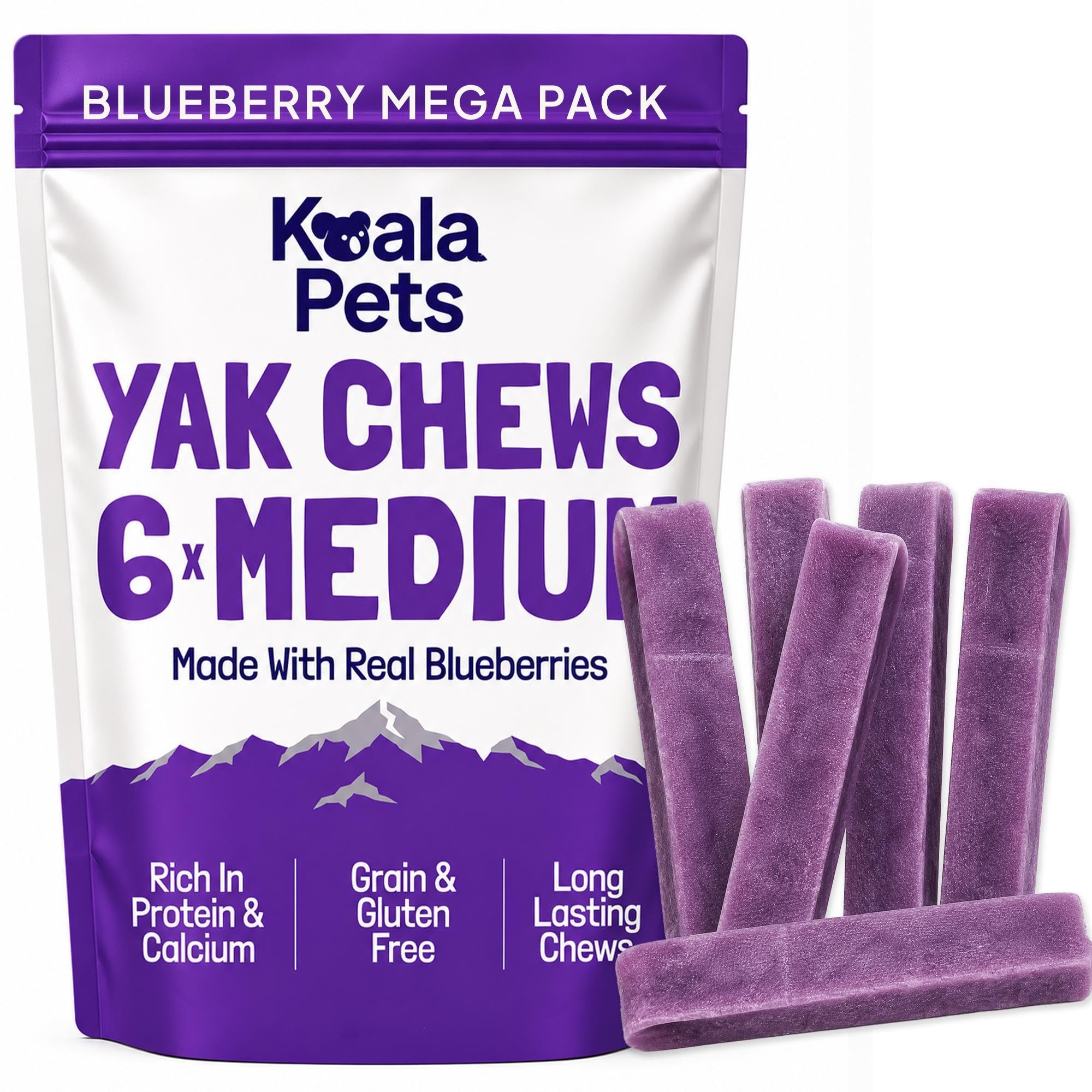 Koala Pets Yak Chews | 100% Natural Dog Treats| Yak Chews for Dogs Large | Long Lasting Natural Dog Treats | Dental Sticks Dogs | Puppy Treats 12 Weeks+ (Blueberry Medium)