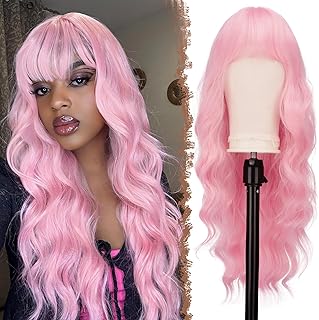 FESHFEN Pelucas Largas con Flequillo, Rosa Peluca Onduladas para Mujeres Sintético Resistente al Calor de Aspecto Natural Pelo Largo Pelucas de Cabello para Uso Diario en Fiestas, 65 cm