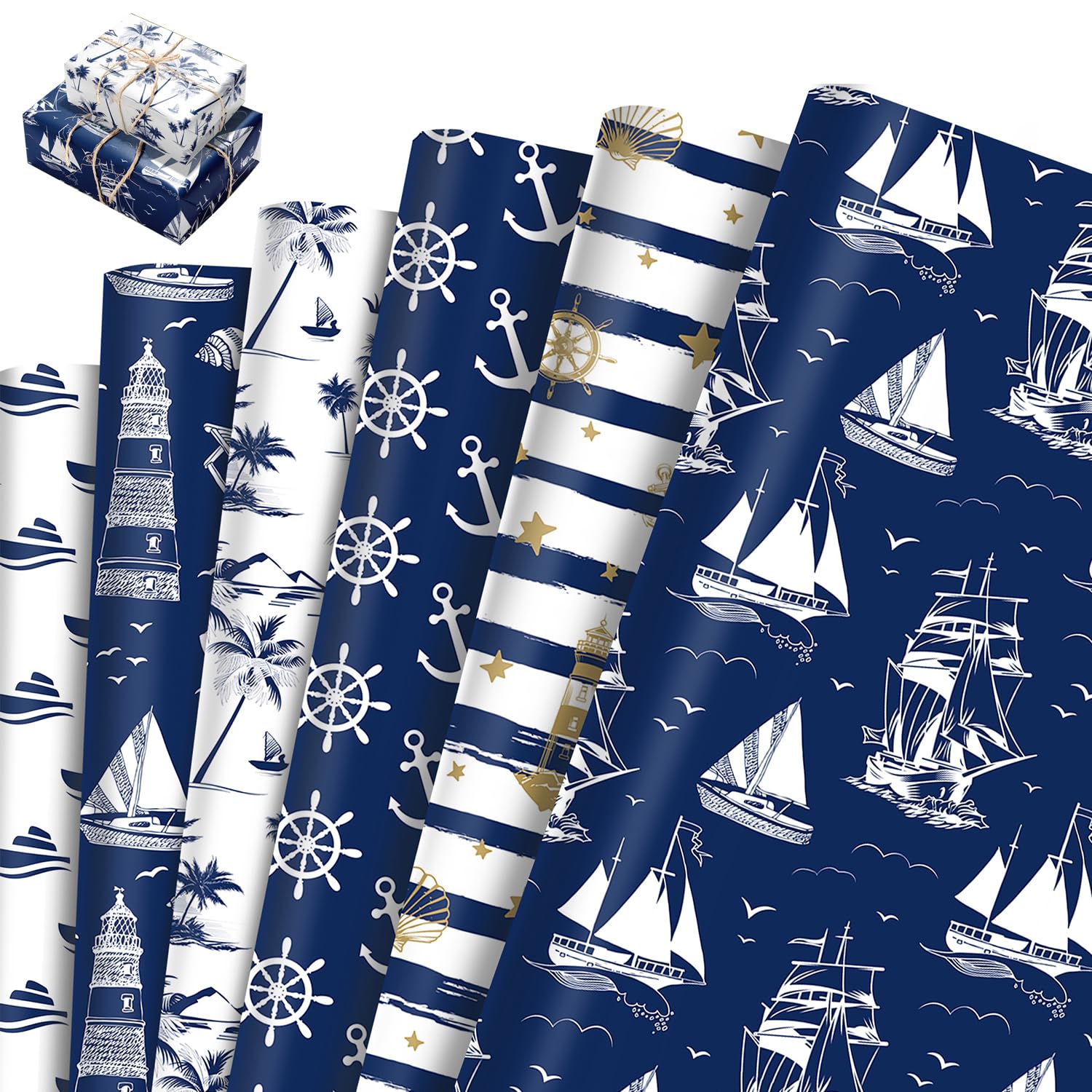 6 Sheets Nautical Wrapping Paper, Blue Anchor Rope Fish Seagull Boat Lighthouse Sea Ocean Maritime Gift Wrap for Christmas Birthday Party Baby Shower Father Day Wedding Sailing Decorations, 50x70cm — image 1