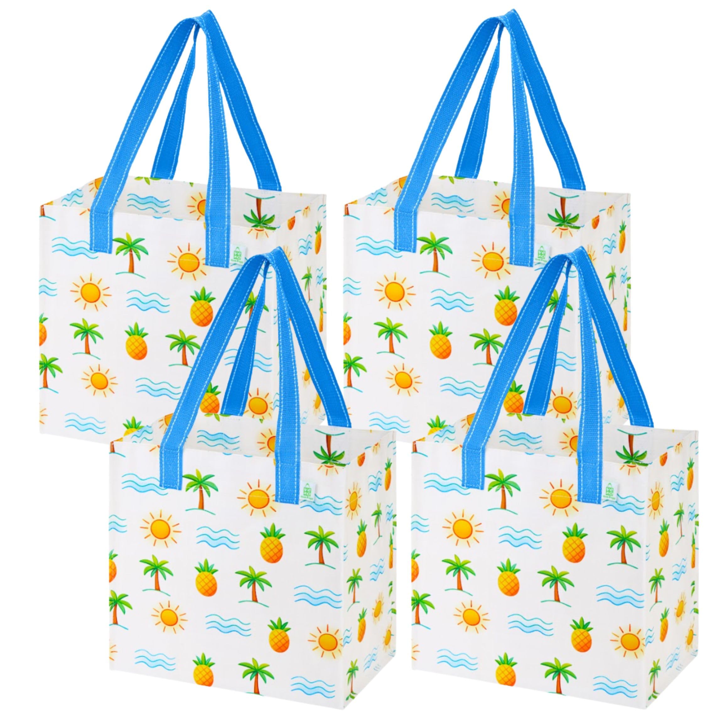 VENO 4 Pack Reusable Grocery Shopping Bags, Heavy-Duty Tote Bags with Handles, for Shopping Cart with Hard Bottom to Stand Upright, Foldable (Tropical Island, 4 Pack)