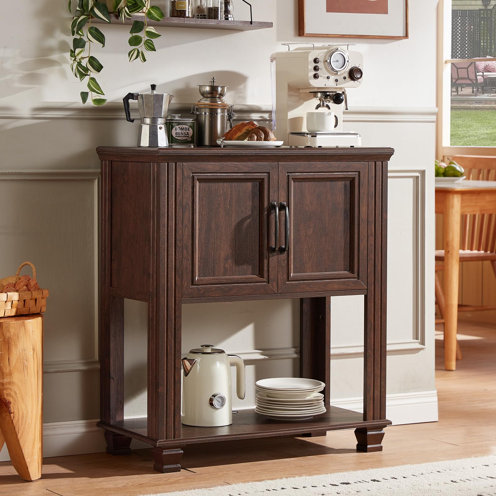 Walnut farmhouse coffee bar cabinet with open shelf