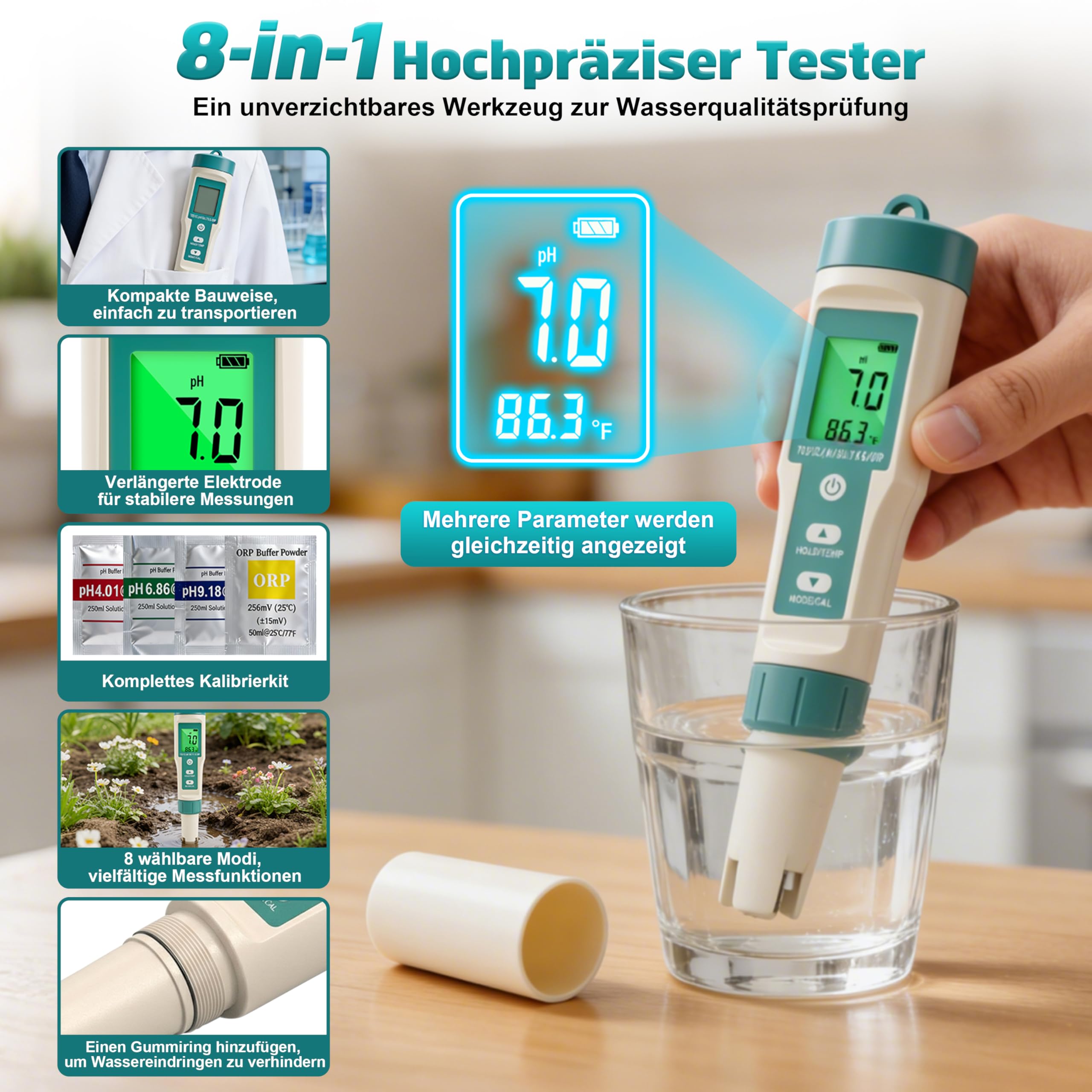 Digitaler Wasserqualität Tester, 8 in 1 PH Messgerät, misst pH ORP Salzgehalt TDS EC Temperatur für Pool Aquarium Hydroponik