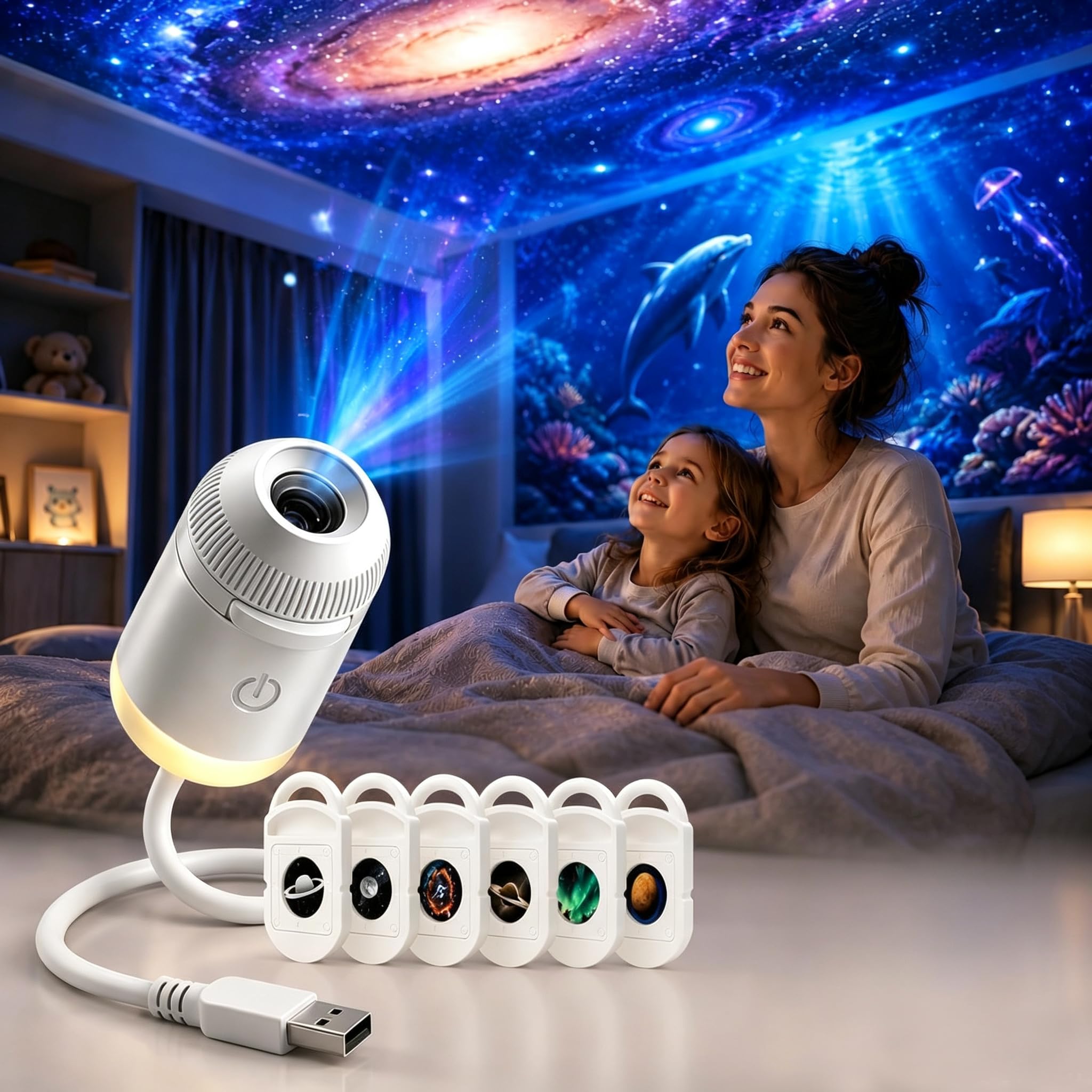 Plug And Play Hd Star Projector, Hd Smart Dynamic 5d Holographic Night Light Projector,360°Mini Ocean Galaxy Dream With 3/6/12/24 Films For Bedroom Car Roof(With 6 Films)