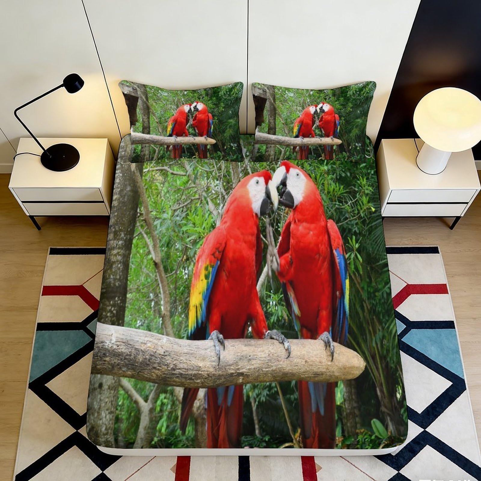3D Printed Red Macaw Parrot Fitted Sheet Microfiber Soft Vibrant Tropical Bird Bed Cover Bedroom Decor 90x200x25cm
