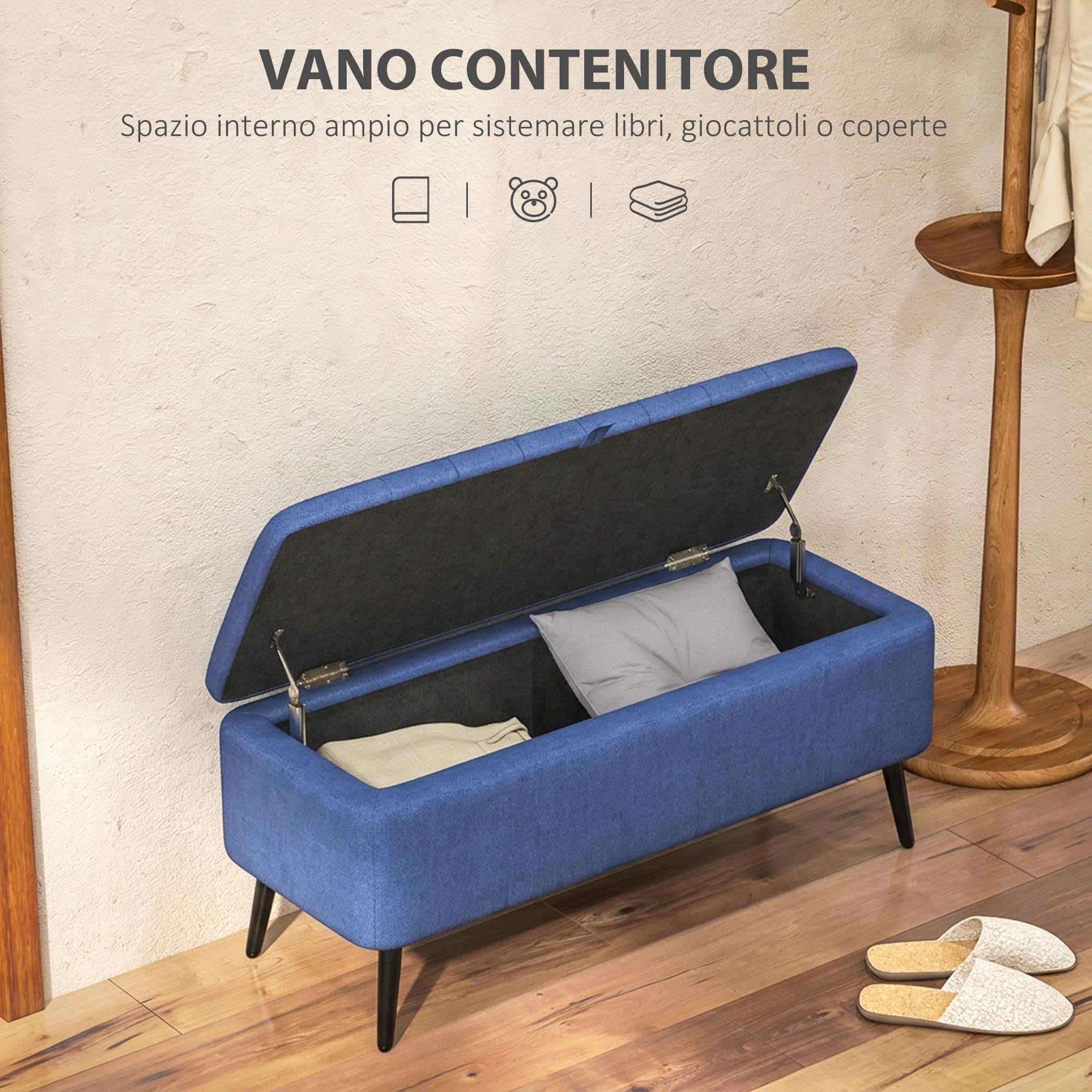 HOMCOM Panca Contenitore Rettangolare con Seduta Imbottita e Gambe in Acciaio, Pouf Poggiapiedi in Tessuto Effetto Lino per Camera da Letto e Soggiorno, 102x40x44 cm, Blu Scuro