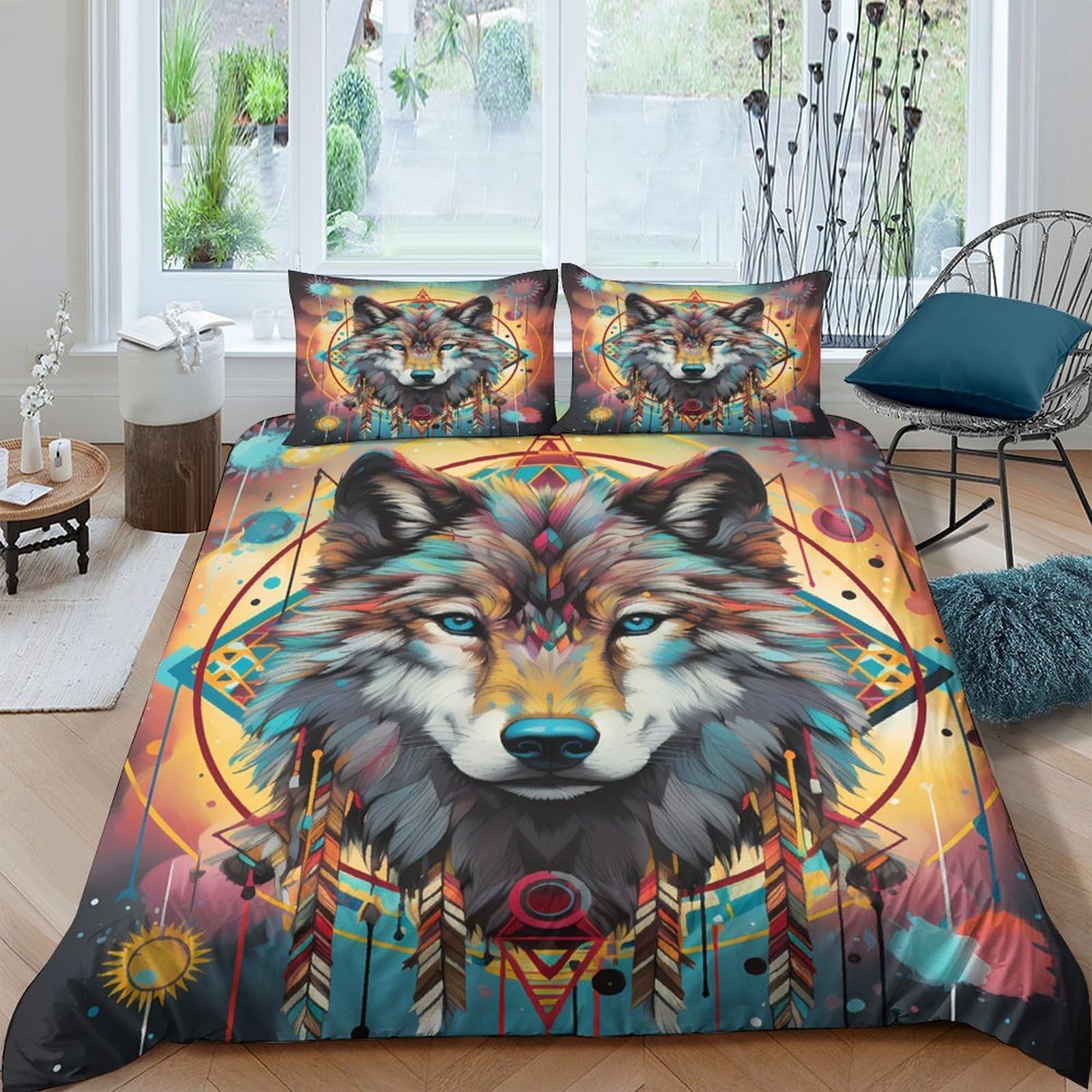 Ctjqhvkz Style-9 3D Printed Wolf Dreamcatcher Fitted Sheet Microfiber Soft Vibrant Animal Mattress Cover For Bedroom Guest Room Dorm Decor Single（135X200cm）