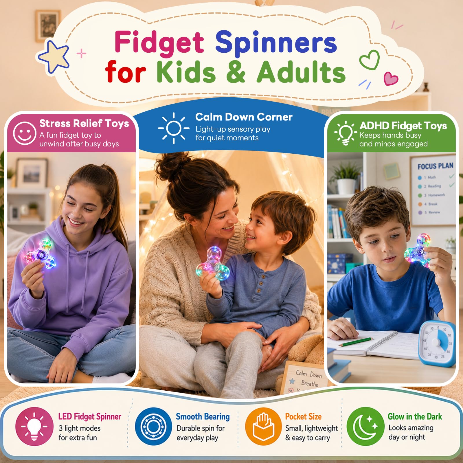 Gigilli Fidget Spinner 12er Pack,Party Favors LED Light Hand Spinner Spielzeug Fidget Toys für Kinder, Stressabbau Anti Angst sensorisches Spielzeug, Party Taschenfüller Geschenk