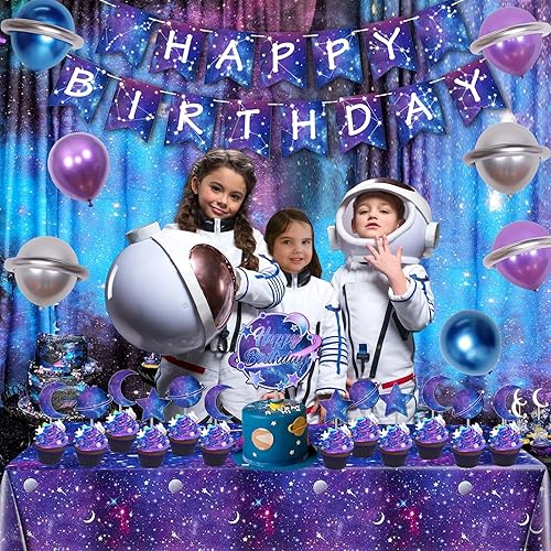 Miniatura 3 de Kreatwow Decoraciones de fiesta de cumpleaños de galaxia, telón de fondo de feliz cumpleaños, mantel de galaxia de feliz cumpleaños, decoración de