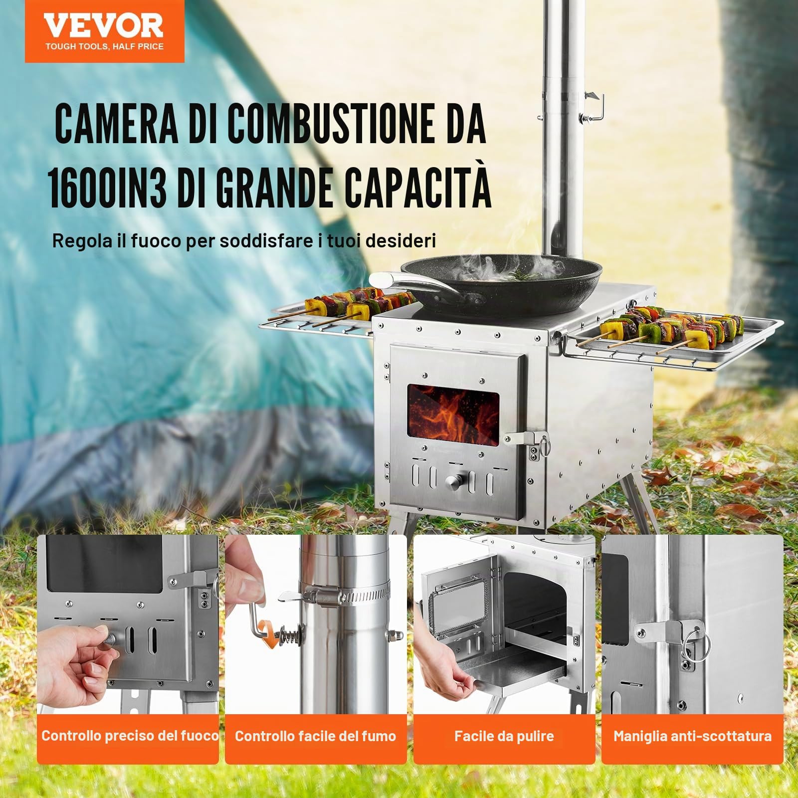 VEVOR Stufa a Legna, 86 pollici, Stufa per Tenda da Campeggio in Acciaio Inossidabile, Stufa a Legna Portatile con Canna Fumaria e Guanti, Stufa a Tenda Calda con Focolare da 3000 pollici³