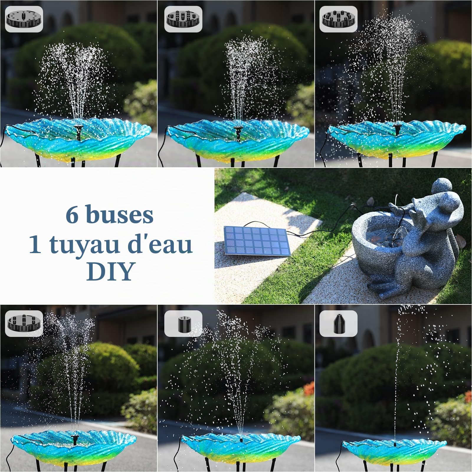 AMZtime Fontaine Solaire 2.5W Pompe de Fontaine Solaire Exterieure de Jardin avec 6 Buses pour Bain d'oiseau, Étang, Piscine, Patio, Décoration de Jardin