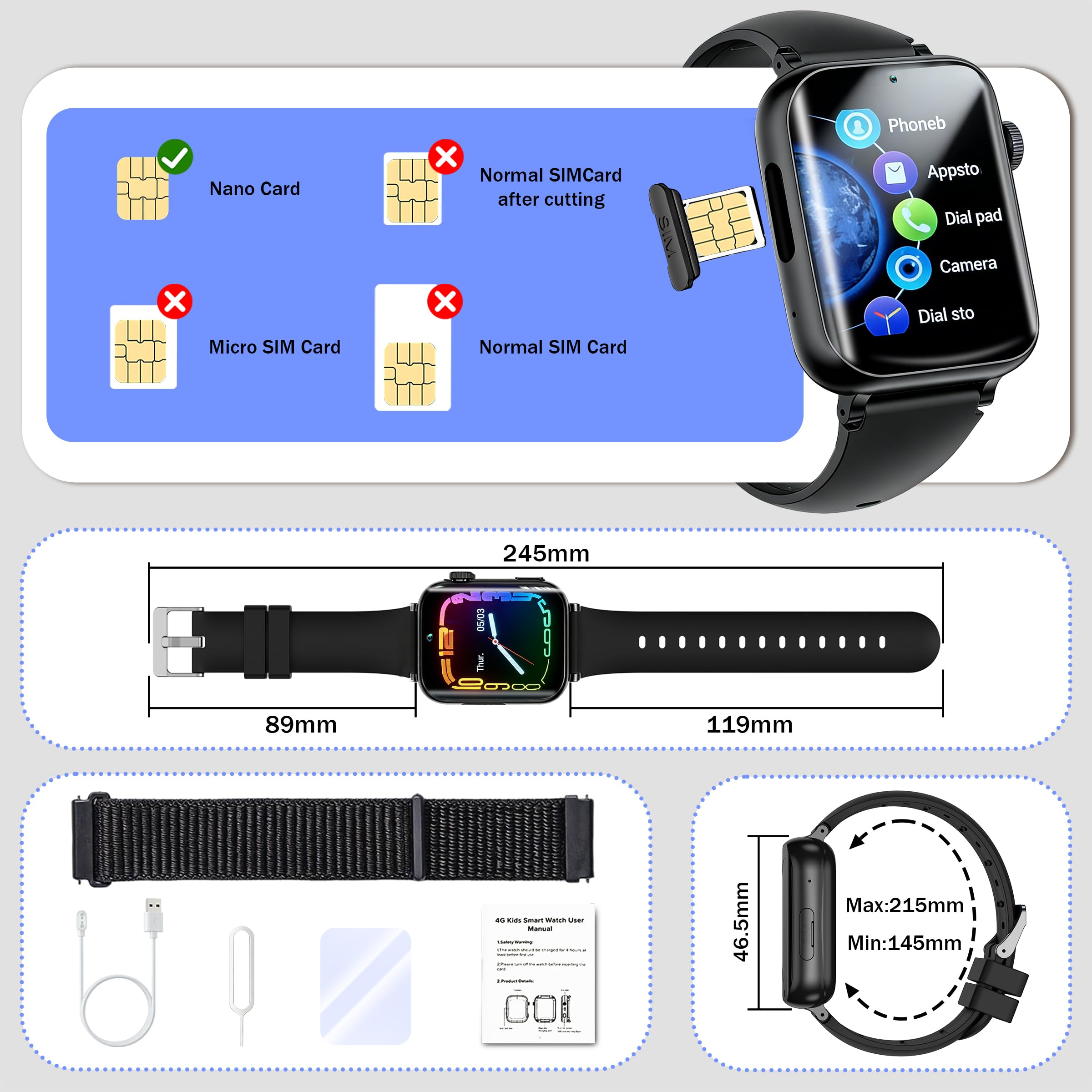 Orologio Smartwatch Bambini, 1.83" Touchscreen, con 4G Telefono/Chat/Video, GPS+LBS+WiFi Posizionamento, SOS, Modalità Scuola, IP68 Impermeabile, Regalo di Compleanno per Bambino (Nero)