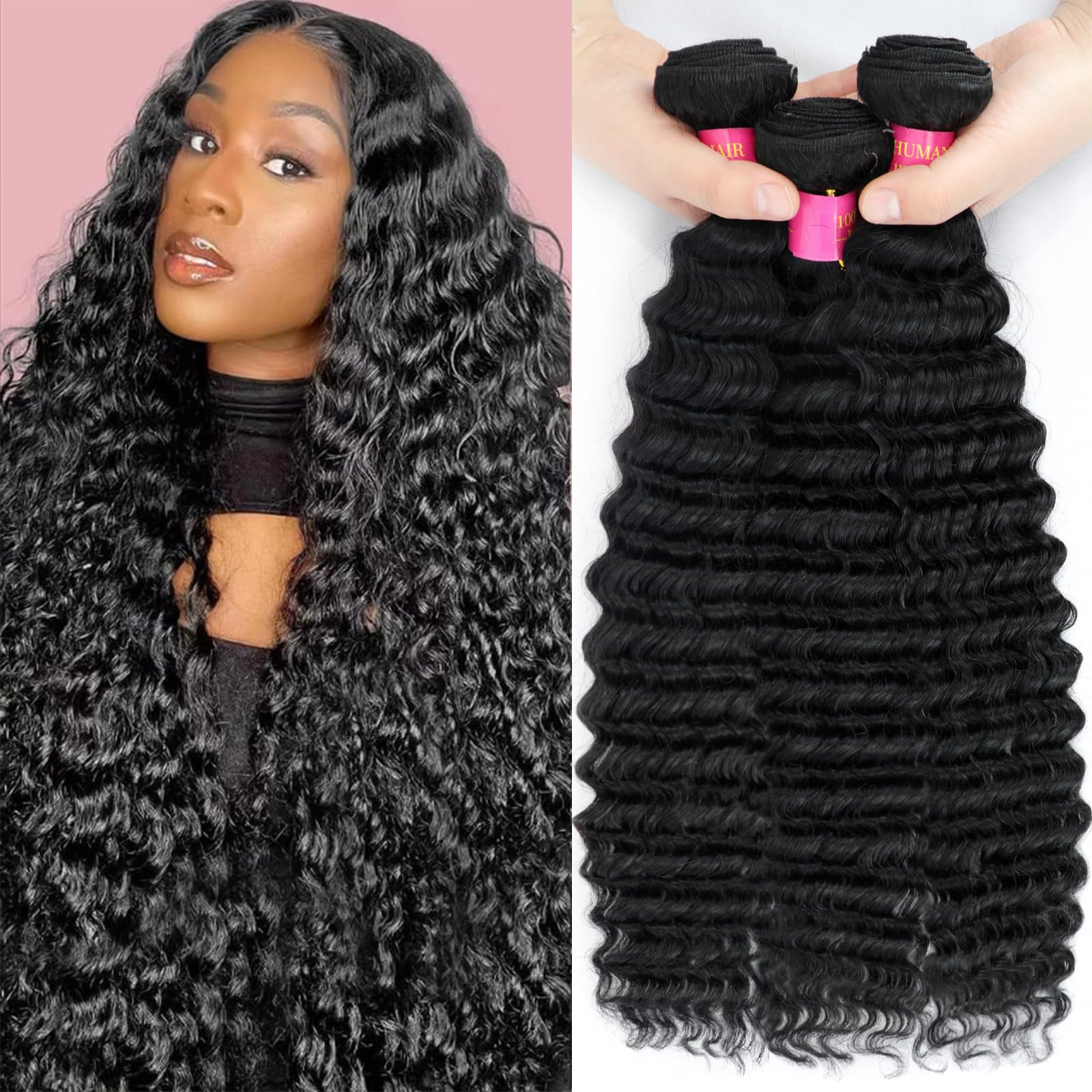 Deep Wave Bundles Human Hair 14 16 18 Inch 3 Bundles 100% Unprocessed Brazilian Virgin Remy Hair Deep Curly Human Hair Natural Color