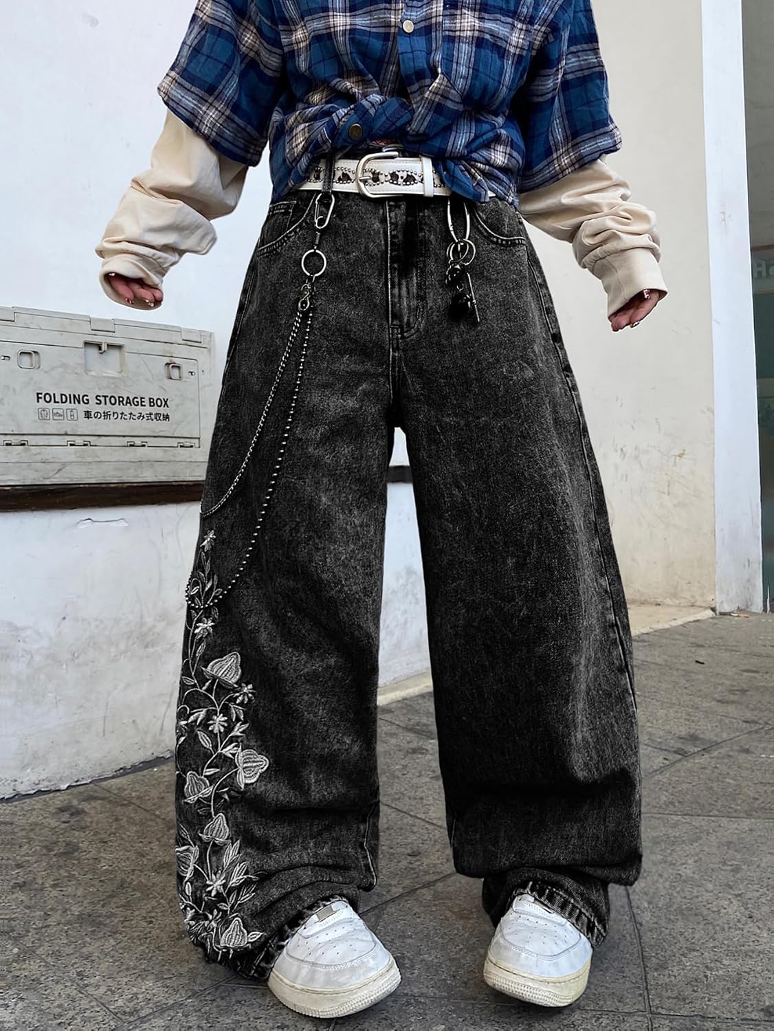 Floral Embroidery Baggy Jeans for Men Hip Hop Stylish Wide Leg Skater Jeans Loose Denim Pants Streetwear