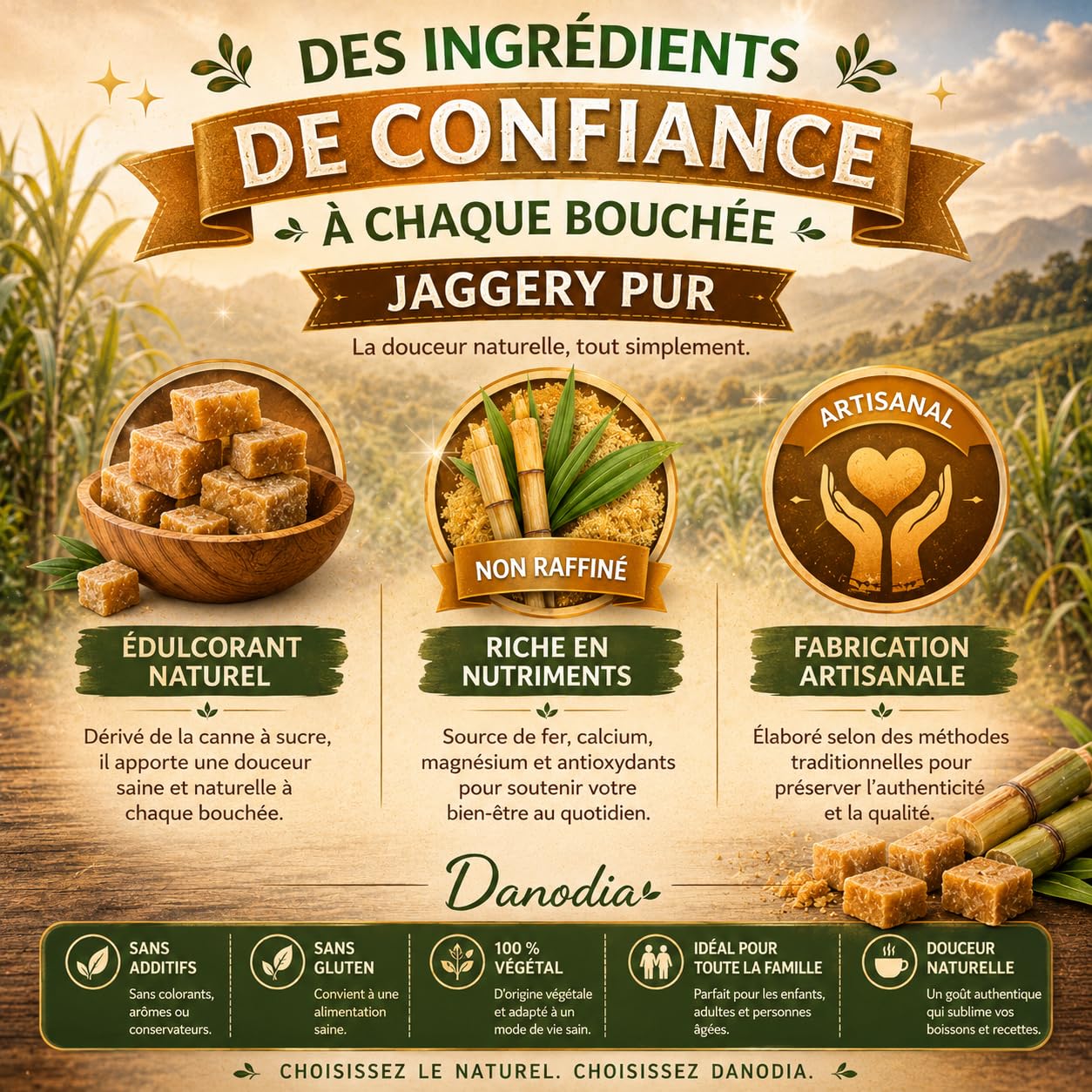 Danodia Foods Bouchées de Jaggery 450 g / 0,99 lb | Sucrant traditionnel indien non raffiné en petits carrés | Alternative au sucre blanc | Pour thé, lait, desserts et pâtisserie