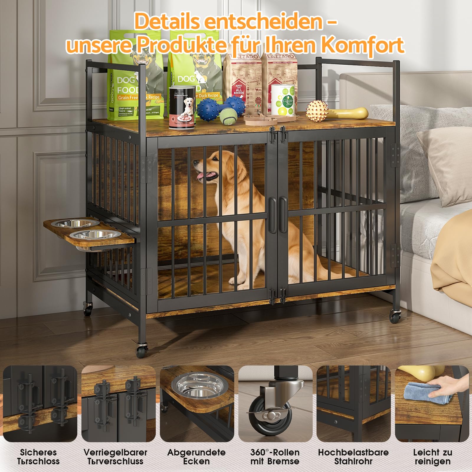 Hundekäfig Möbel mit Lagerregal, 99x58x96,5cm, Hundebox Möbel mit 360° Drehbaren Hundenäpfen und mit Rädern, Hochbelastbarer Hundekäfig für Zuhause, Hundeschrank für große und mittlere Hunde