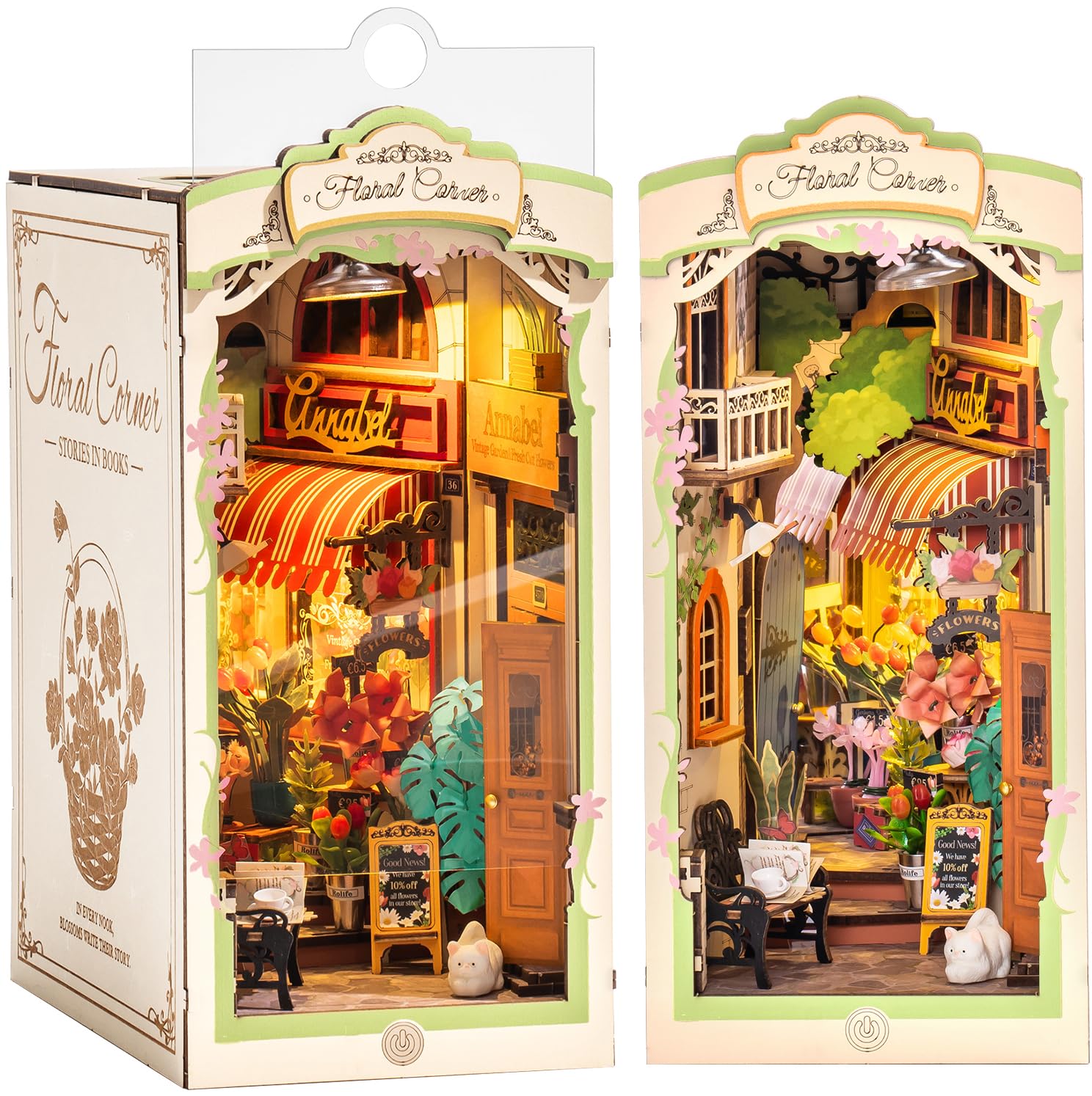 ROBOTIME Book Nook Kit Rincón Floral con Luces LED - Booknook Casas de Muñecas de Madera, Booknok Decoración del Hogar, Nookbook Regalos para Adultos Niños Mujeres