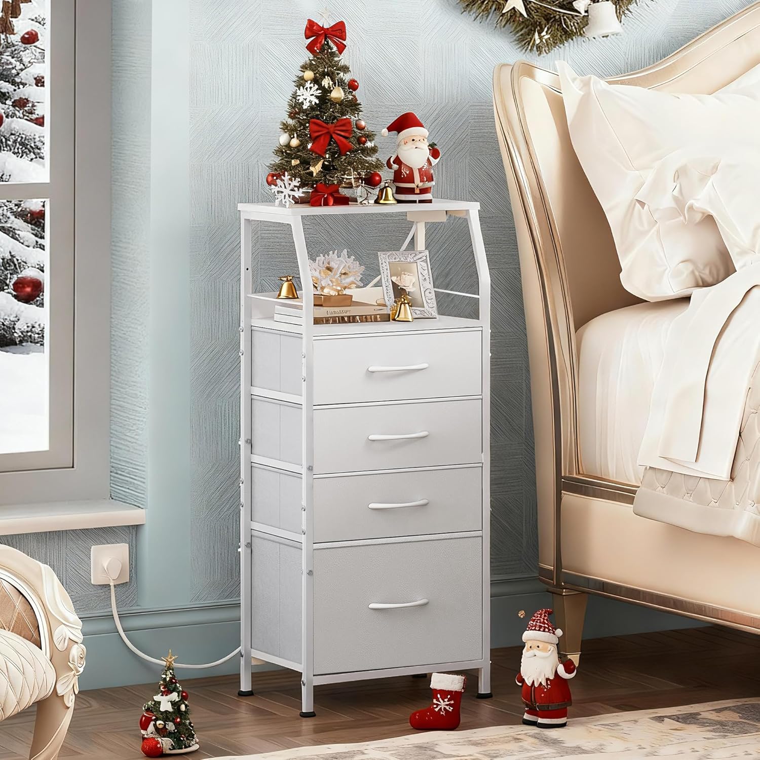 WLIVE Night Stand with Charger Station, White Nightstand with LED Light and 4 Storage Drawers, Tall Dresser for Bedroom, 37.48" H Bedside Table with Fabric Bins, Wood Shelf - Image 2