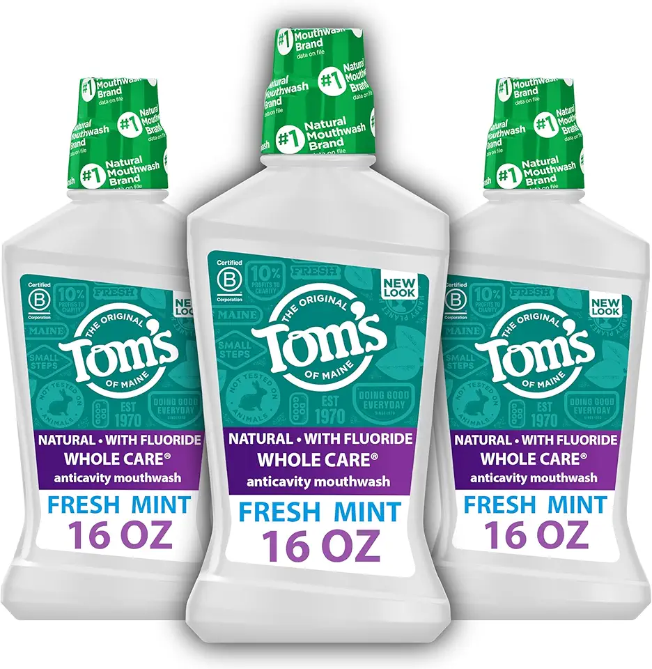 Tom's Of Maine Whole Care Natural Fluoride Mouthwash, Fresh Mint, 16 Oz (Pack of 3) (Packaging May Vary)