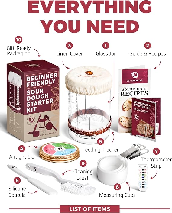 Superbaking Starter Cultivation & Proofing Kit: Round Bread Proofing Basket & Sourdough Starter Jar