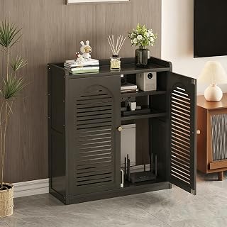 WiFi Router Storage Cabinet with Adjustable Shelves Floor Standing Router Storage Box Cable No Back Panel Management Hider Box Modem Organizer Box for Home Office,Black,W23.2xH32.3in