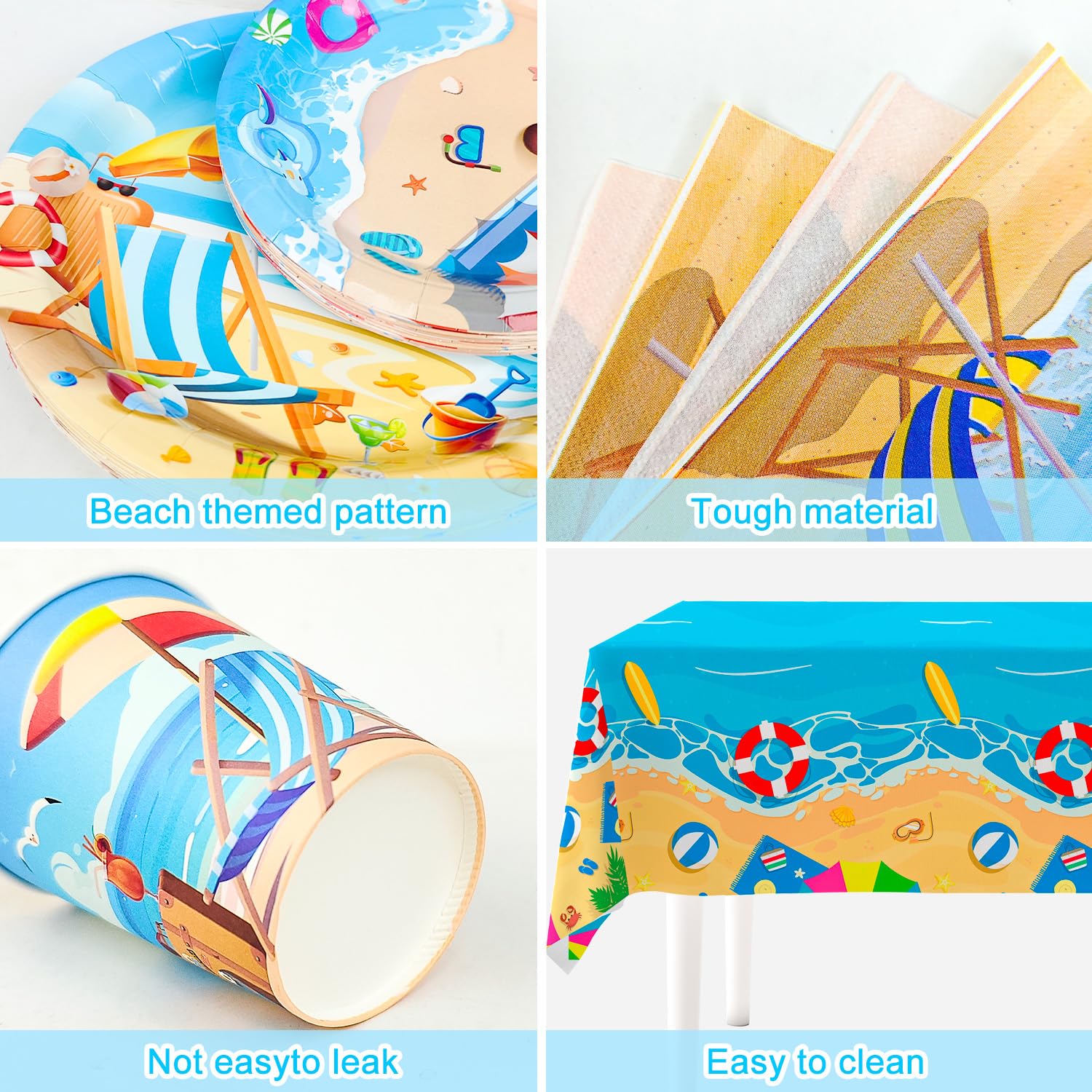 Forniture Estive per Feste in Spiaggia, 20 Ospiti Set per Feste in Mare Comprende Piatti di Carta a Tema Spiaggia, Bicchieri, Tovaglioli, Tovaglie Decorazioni per Feste di Compleanno in Mare
