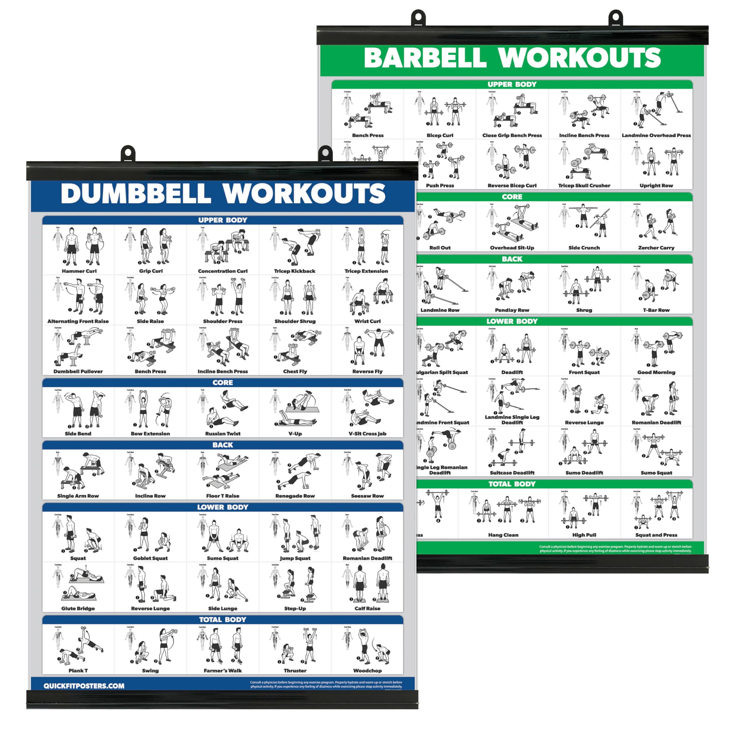 QUICKFIT Dumbbell Workouts and Barbell Exercise Poster Set - with Plastic Frame 2 Chart Set - Dumbbell Exercise Routine & Barbell Workouts (18" x 24")