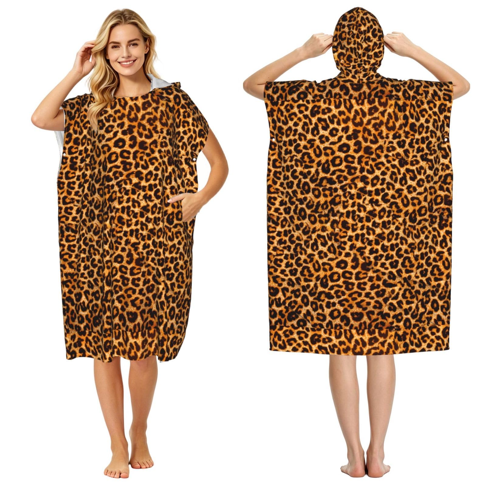 Poadnly Leopard, Adult Hooded Beach Towel 90 x 110 cm,Changing Bath Robe, Surf Poncho Towel For Women Men