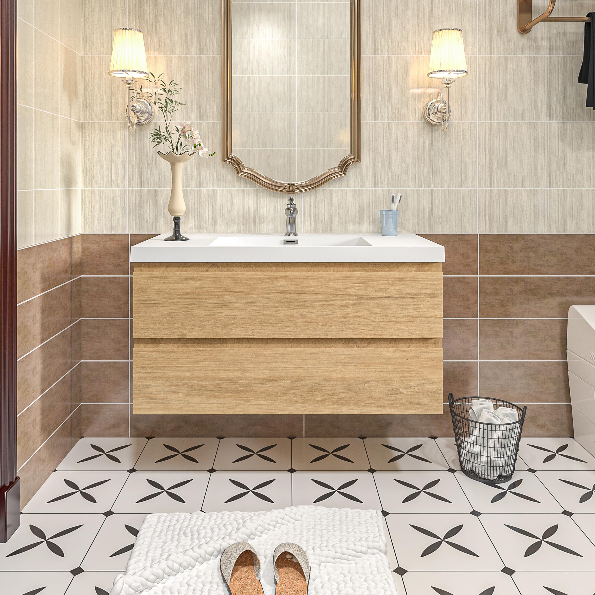 DOPERFE 42" Floating Bathroom Vanity with Sink, Two Drawer Storage Cabinet, Modern Wall Mounted Bathroom Storage Vanity Cabinet, with Resin Basin and