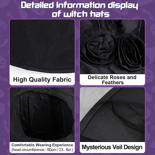 Miniatura 5 de LOMIMOS Halloween Witch Hat Set, Gothic Flower Feather Magic Master Black Witch Wizard Hat with Necklace Bracelet Choker Earrings Party Accessories