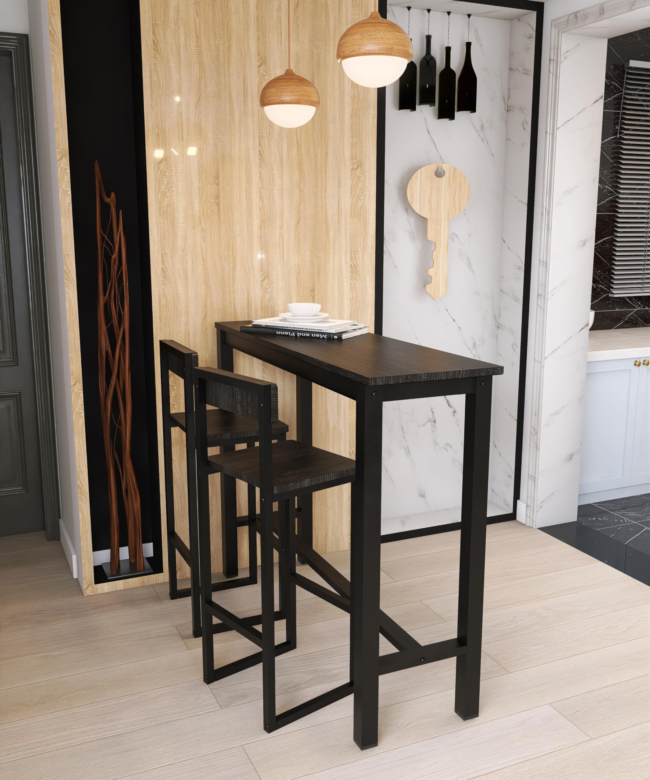 Juego de 2 taburetes de bar de 27 pulgadas de altura de mostrador con respaldo y reposapiés, marco de metal de asiento de madera negra, sillas de bar de fácil montaje para isla de cocina, comedor 6