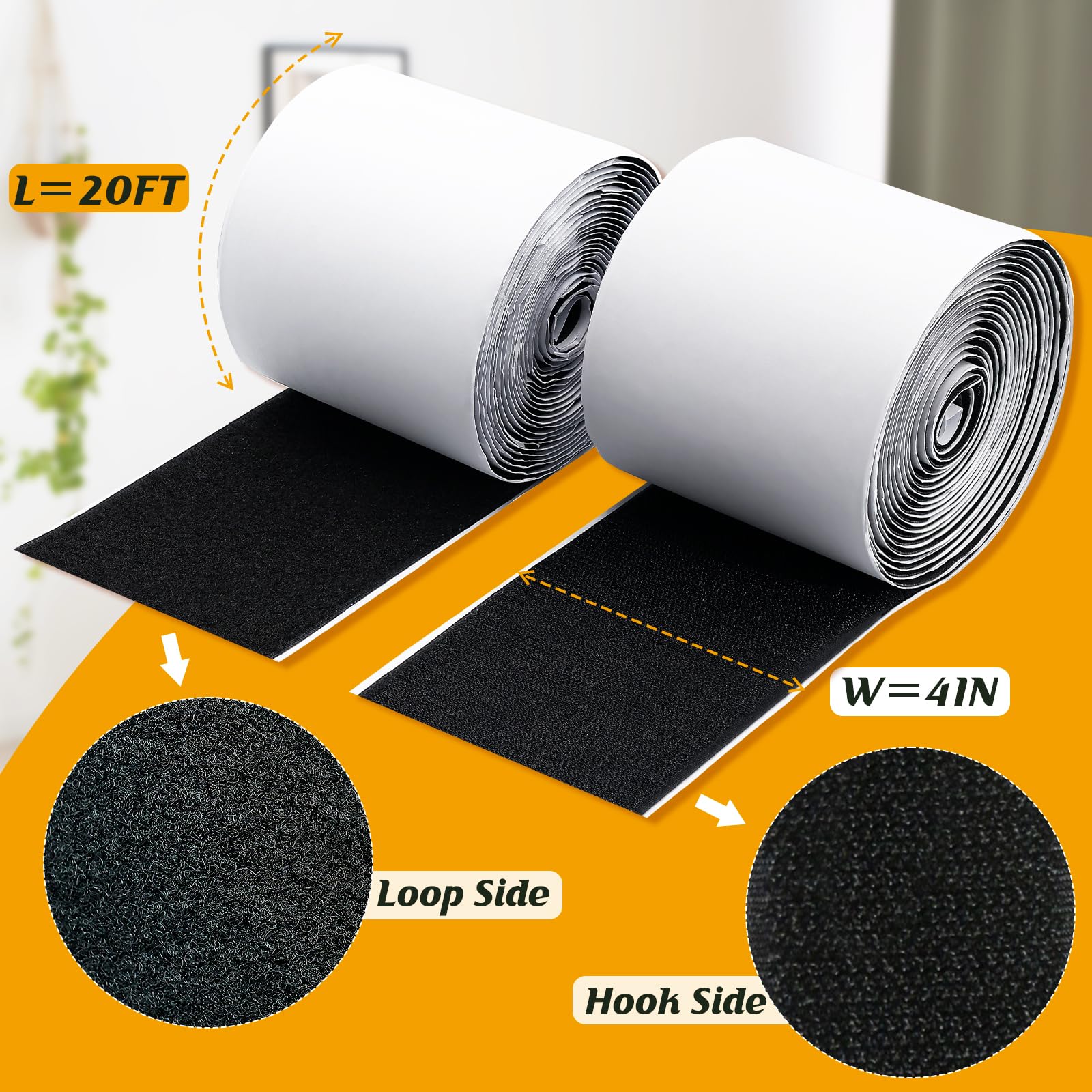 Cinta adhesiva de velcro de 20 pies x 4 pulgadas con parte trasera adhesiva de fuerte viscosidad para telas, cinta autoadhesiva de nailon para el hogar, oficina, escuela y manualidades, 2 rollos
