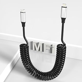 Coiled USB C to Lightning Cable for Apple CarPlay, MFi Certified iPhone Charger Cable, USB C Coiled Lightning Cable PD Fast Charger & Transfer Data