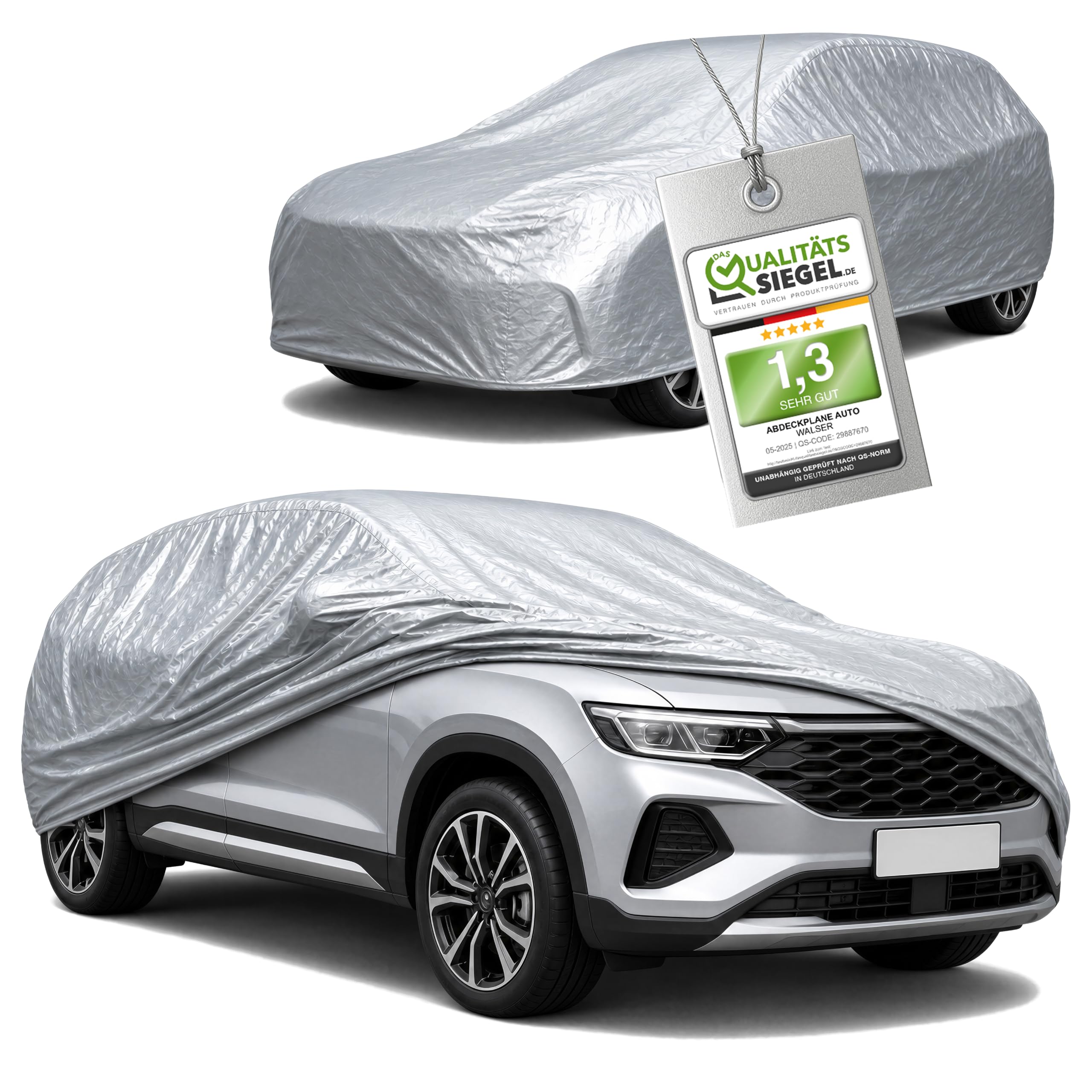 Walser Abdeckplane Auto All Weather, Abdeckung wasserdicht, 100% wetterfeste PKW Garage Zelt Sommer/Winter, Autoabdeckung Outdoor, Schutzdecke wasserdicht, Autoplane Vollgarage Größe 8 SUV/Van Silber