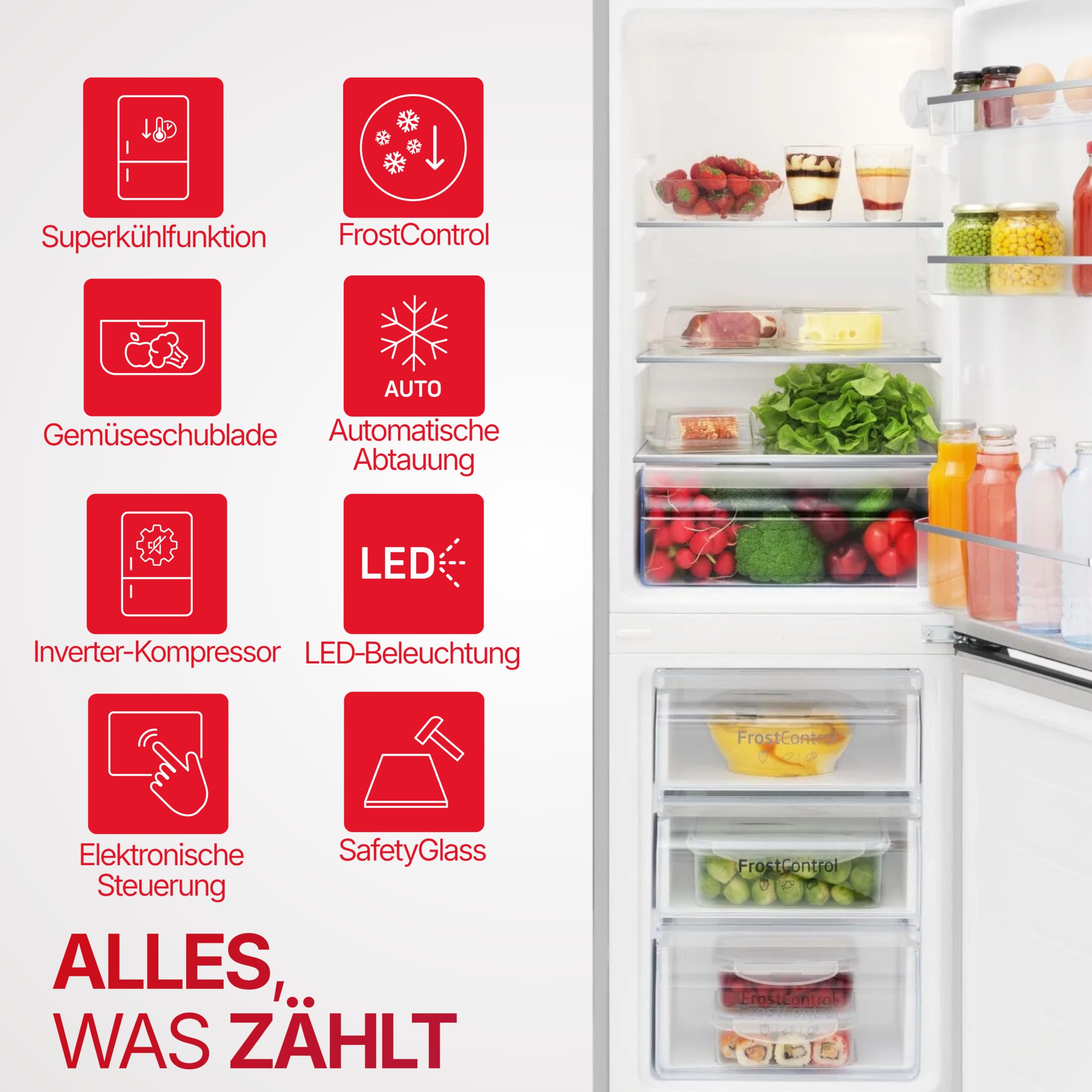Amica Kühl-Gefrierkombination 157 L 144x47,4x49,5 cm KGCL 384 159 E | 109 L Kühlteil, 48 L Gefrierteil, FrostControl, Superkühlfunktion, Supergefrierfunktion, LED Beleuchtung, FlexOn