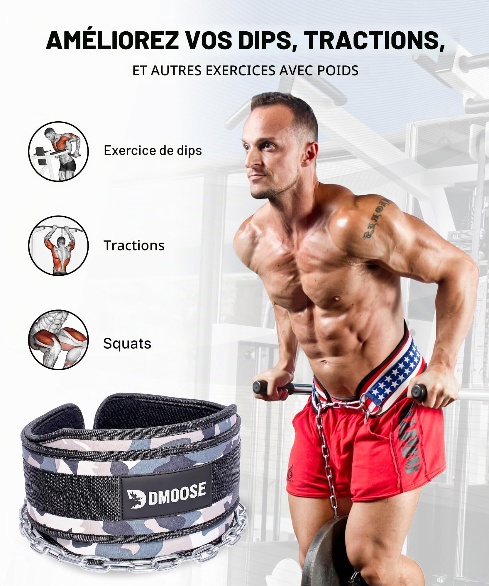 DMoose Ceinture de Musculation avec chaîne pour Pullup, Ceinture de Gymnastique pour Powerlifting, Squat, Bodybuilding, Acier résistant avec Support Confortable en néoprène